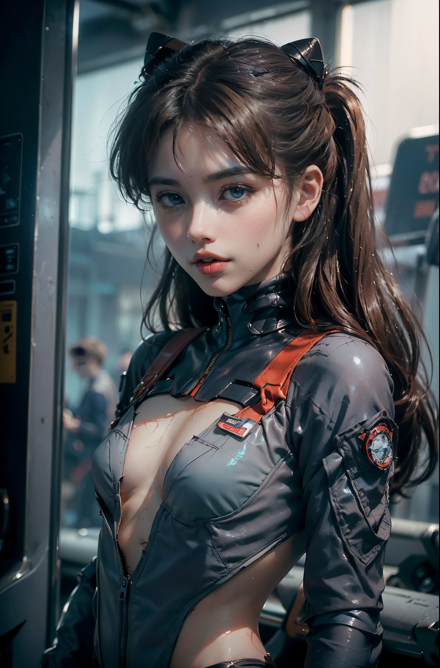 (Photorealsitic:1.4)、femele、26 year old、Soryu Asuka Langley、Eva Unit 2 pilot、Colossal tits、A slender、((((Wearing a blue-gray pilot suit、There are slits at the waist and chest.、Wear a pilot suit with a small area of fabric。.))、top-quality、extremely delicate and beautiful、hight resolution、beautiful lighting、1girl in、tall philanthropist、Earth Eye、Brown hair、(So real that you can mistake it for a photo)、lighting on the face、illuminating、wetted skin、face perfect、(Ultra-detailed eyesnose-mouth-tongue)、sexypose、lighting on the face、(Draw the whole body)、face perfect、((I'm in the gymnasium))