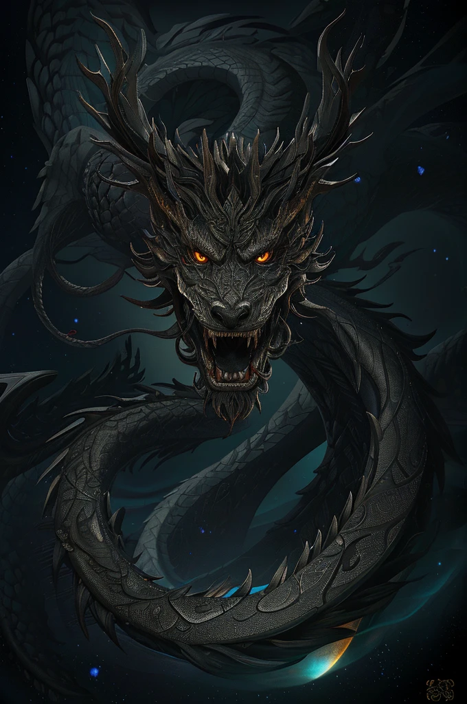 great masterpiece,winning artwork,UHD resolution,Extremely detailed composition,Very strong layering,(Extremely dark yet clear cosmic space background:1.4),(Clean black background:1.3),A black dragon,The eyes are bright, Black Dragon,Black Chinese dragon, chinese dragon concept art, dragon oil painting, chinesedragon, Black Dragon, Dragon Art, smooth chinese dragon, Chinese mythology, The majestic Japanese black dragon, chinese fantasy, ryujin,Very mysterious,8K