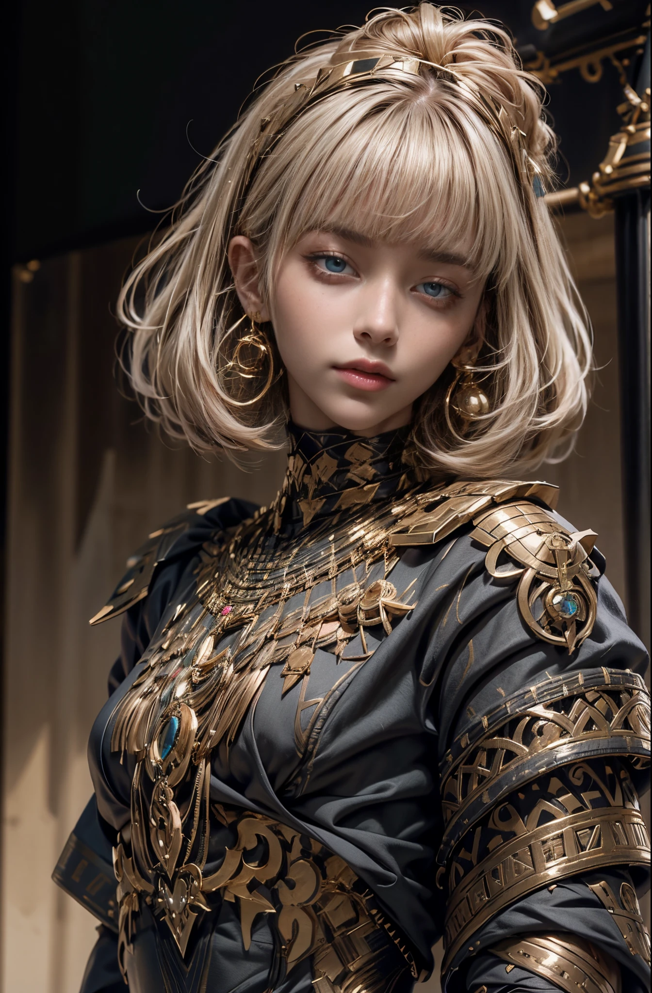 Beautiful blonde girl in gold and black armor., blue eyes, Gold Jewelry, Epic beautiful characters, captured on canon eos r 6, (Realistic face details), intricate detailed, Portrait of a beautiful girl, very high details, photo-hyper-realistic, 8k, UHD, hyperdetailed, (Dynamic Poses:1.4),