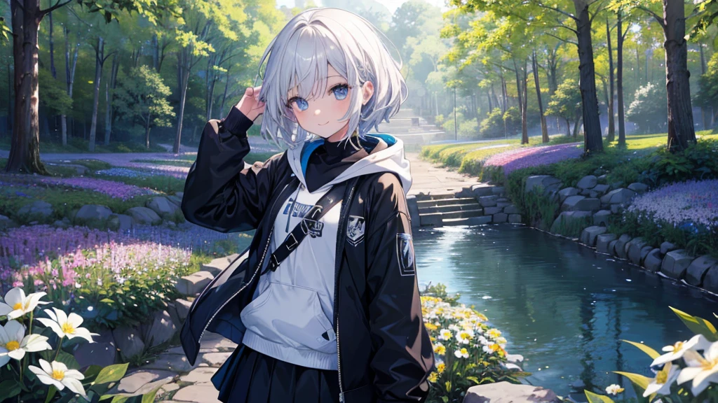 Ultra-high image quality,Look at viewers, hands behind back, girl with, 20 years old, Very short hair, long bangs between eyes, pale blue eyes, Hoodie, Skirt , Extremely detailed,(​masterpiece、top-quality),White hair、A smile、Fantastical, Silver hair, Black eyes,  Hoodie, White hoodie,a black skirt,Hair is short,White jacket, Casual style,Open jacket,  Cowboy Shot、Fluttering hair、a small face、Bright smile、(Detailed face) ,profetional lighting,fantastic landscape,Blue sky, Sunlight,look down from above,portraitures、flower  field、fountain in the forest