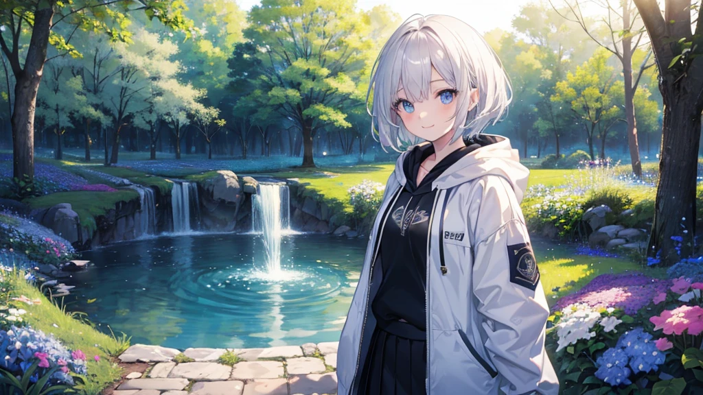 Ultra-high image quality,Look at viewers, hands behind back, girl with, 20 years old, Very short hair, long bangs between eyes, pale blue eyes, Hoodie, Skirt , Extremely detailed,(​masterpiece、top-quality),White hair、A smile、Fantastical, Silver hair, Black eyes,  Hoodie, White hoodie,a black skirt,Hair is short,White jacket, Casual style,Open jacket,  Cowboy Shot、Fluttering hair、a small face、Bright smile、(Detailed face) ,profetional lighting,fantastic landscape,Blue sky, Sunlight,look down from above,portraitures、flower  field、fountain in the forest