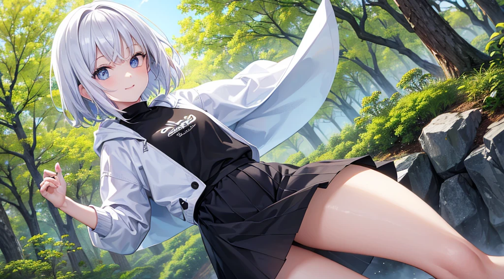 Ultra-high image quality,Look at viewers, hands behind back, girl with, 20 years old, Very short hair, long bangs between eyes, pale blue eyes, Hoodie, Skirt , Extremely detailed,(​masterpiece、top-quality),White hair、A smile、Fantastical, Silver hair, Black eyes,  Hoodie, White hoodie,a black skirt,Hair is short,White jacket, Casual style,Open jacket,  Cowboy Shot、Fluttering hair、a small face、Bright smile、(Detailed face) ,profetional lighting,fantastic landscape,Blue sky, Sunlight,look down from above,portrait forest in the woods、flower  field