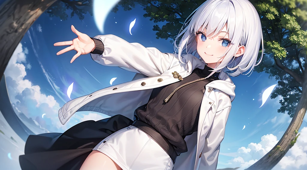 Ultra-high image quality,Look at viewers, hands behind back, girl with, 20 years old, Very short hair, long bangs between eyes, pale blue eyes, Hoodie, Skirt , Extremely detailed,(​masterpiece、top-quality),White hair、A smile、Fantastical, Silver hair, Black eyes,  Hoodie, White hoodie,a black skirt,Hair is short,White jacket, Casual style,Open jacket,  Cowboy Shot、Fluttering hair、a small face、Bright smile、(Detailed face) ,profetional lighting,fantastic landscape,Blue sky, Sunlight,look down from above,portrait forest in the woods、flower  field