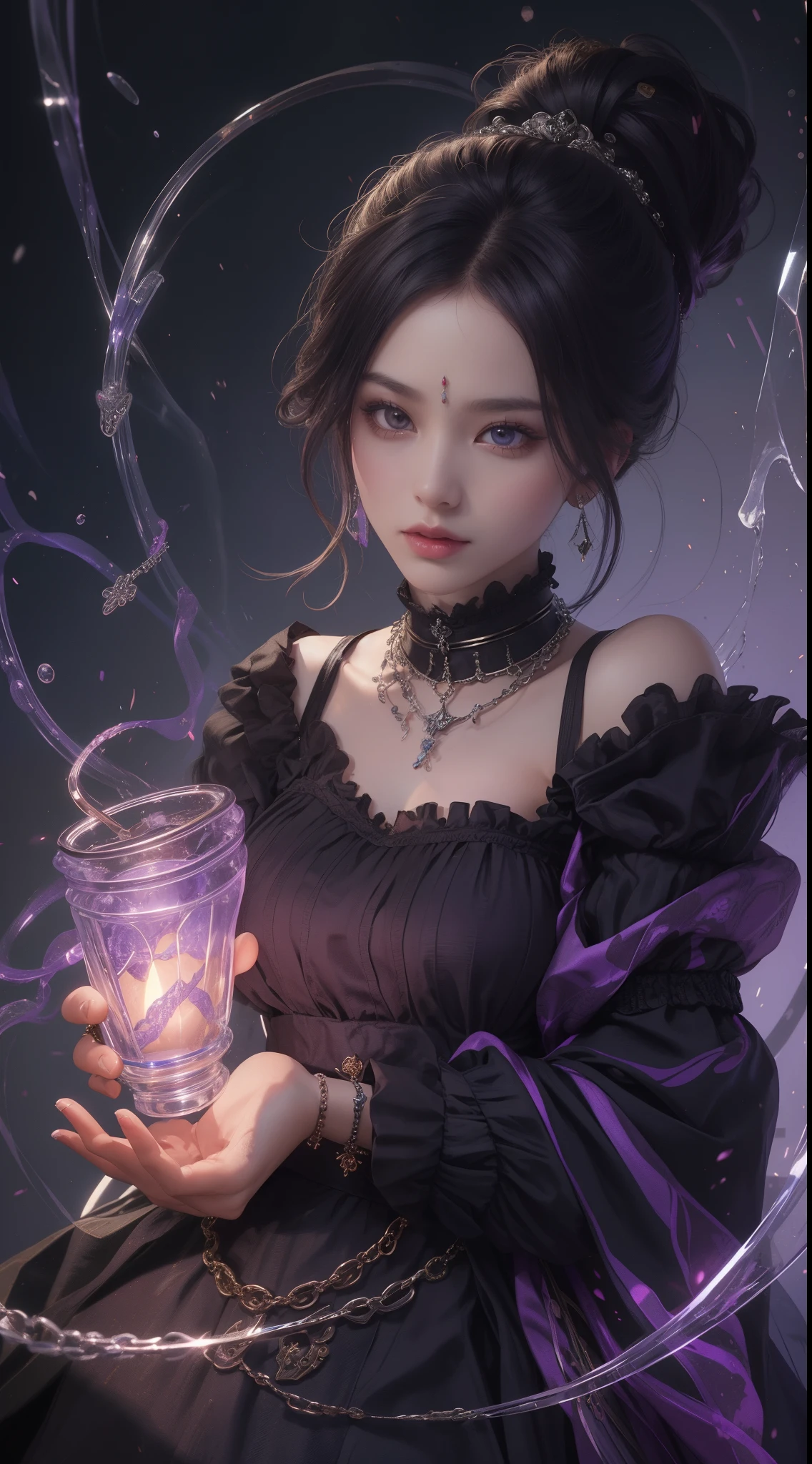 tmasterpiece，Highest image quality，Bondage bust of beautiful slave sister，Exquisite purple updo hairstyle，blacksilk，Decorated with a range of metal chokers and anklets，Ultra-detailed details，advanced。At the Pixiv Art Station，Break your own power，，The kinky is exposed，R-18G