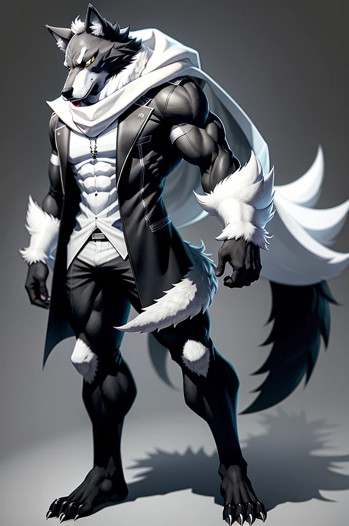 Black anthropomorphic wolf furry with white scarf and black jacket with chest muscle detailed and full body facing the viewer anime style FURRY