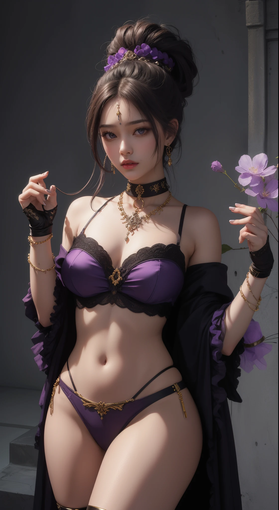 tmasterpiece,Highest image quality,Bondage bust of beautiful slave sister,Exquisite purple updo hairstyle,blacksilk,Decorated with a range of metal chokers and anklets,Ultra-detailed details,advanced。At the Pixiv Art Station,Break your own power,,The kinky is exposed,R-18G