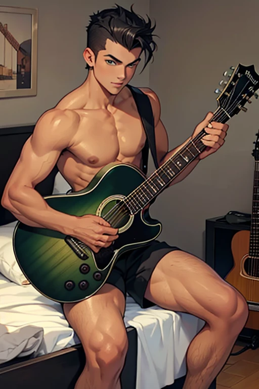A handsome young man in close-up, 18 years old, lightly tanned skin, athletic body, short black hair with pompadour, green eyes, shirtless, black shorts, playing guitar, in the bedroom