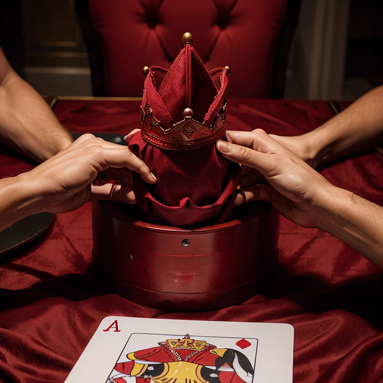 a red clothed table with a royal flush hand and a crown on the table