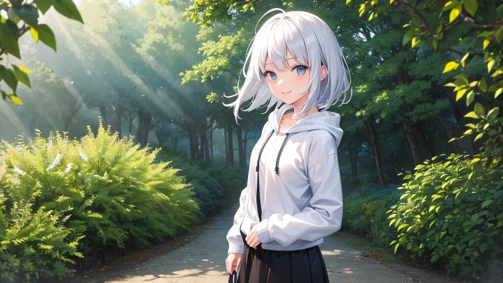 Ultra-high image quality,Look at viewers, hands behind back, girl with, 20 years old, Very short hair, long bangs between eyes, pale blue eyes, Hoodie, Skirt , Extremely detailed,(​masterpiece、top-quality),White hair、A smile、Fantastical, Silver hair, Black eyes,  Hoodie, White hoodie,a black skirt,Hair is short,White jacket, Casual style,Open jacket,  Cowboy Shot、Fluttering hair、a small face、Bright smile、(Detailed face) ,profetional lighting,fantastic landscape,Blue sky, Sunlight,look down from above,portraitures、fountain in the forest、flower  field