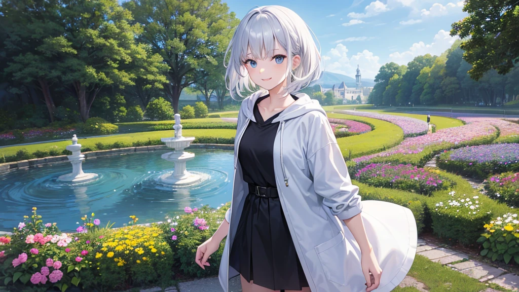 Ultra-high image quality,Look at viewers, hands behind back, girl with, 20 years old, Very short hair, long bangs between eyes, pale blue eyes, Hoodie, Skirt , Extremely detailed,(masterpiece、top-quality),White hair、A smile、Fantastical, Silver hair, Black eyes, Hoodie, White hoodie,a black skirt,Hair is short,White jacket, Casual style,Open jacket, Cowboy Shot、Fluttering hair、a small face、Bright smile、(Detailed face) ,profetional lighting,fantastic landscape,Blue sky, Sunlight,look down from above,portraitures、fountain in the forest、flower field