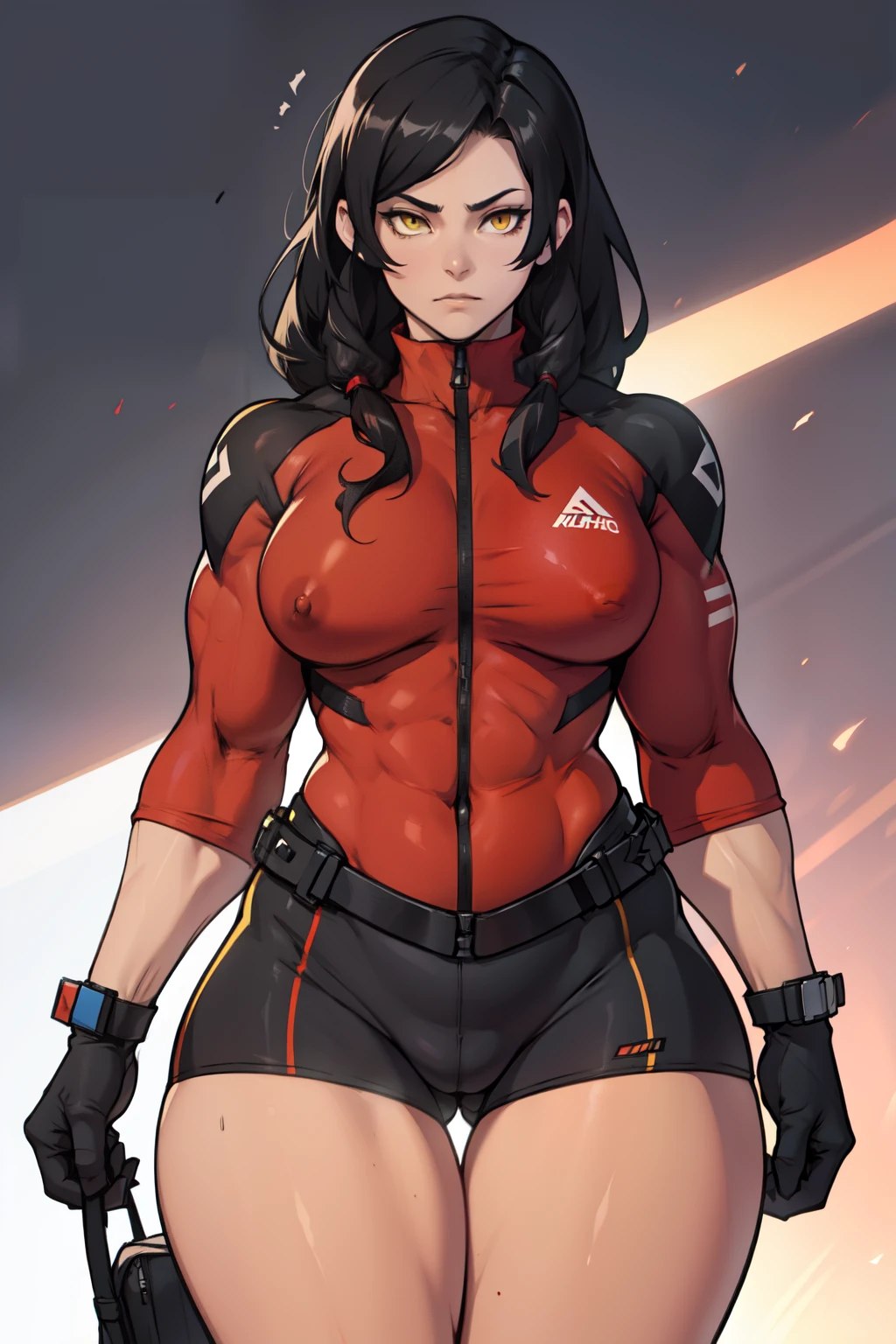 large breasts thin waist wide hips thick thighs muscular toned body curvy muscles thick pale skin black hair yellow eyes expressionless skintight