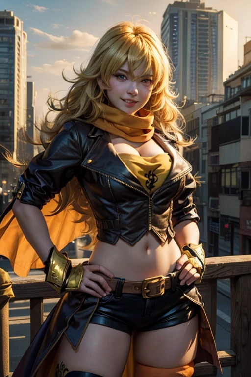 (masterpiece, best quality:1.2), cowboy shot, solo, 1girl, yang xiao long, grin, hand on hip, ahoge, purple eyes, brown jacket, yellow tube top, black shorts, black fingerless gloves, orange scarf, waist cape, midriff, cleavage, large breasts, cityscape background