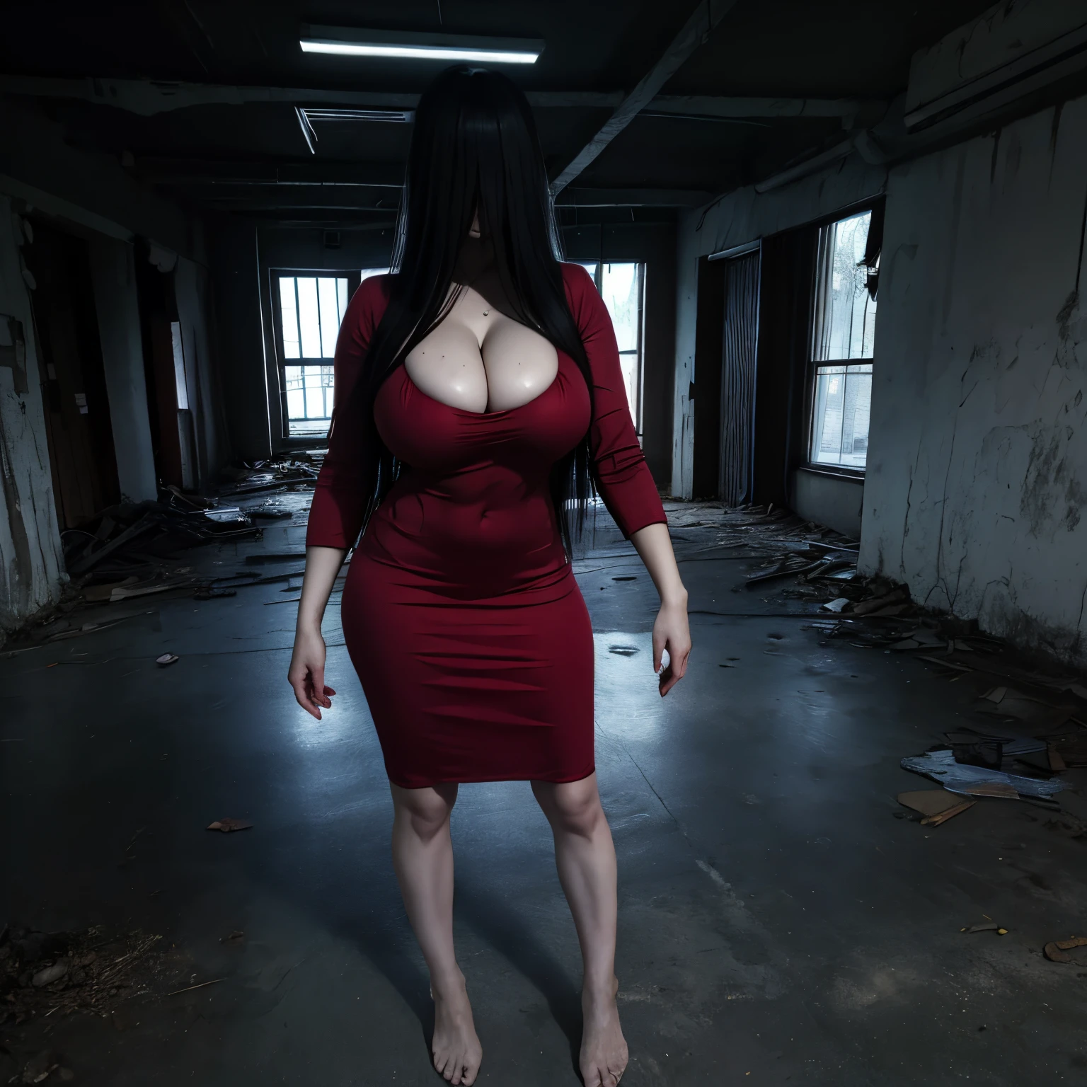 (masutepiece:1.1, Best Quality:1.1, 16K HDR, High resolution), (1girl in, Solo), Ultra-realistic portrait of Sadako Yamamura, the ring, Black hair, Long hair, (((Super long bangs, I hid my eyes with my super long bangs, super long bangs above the eyes,))), large boob, Large cleavage, Large breasts, huge tit, in the abandoned building, Realistic skin texture, Perfect slim body style, (Red dress, Bare legged), just standing,