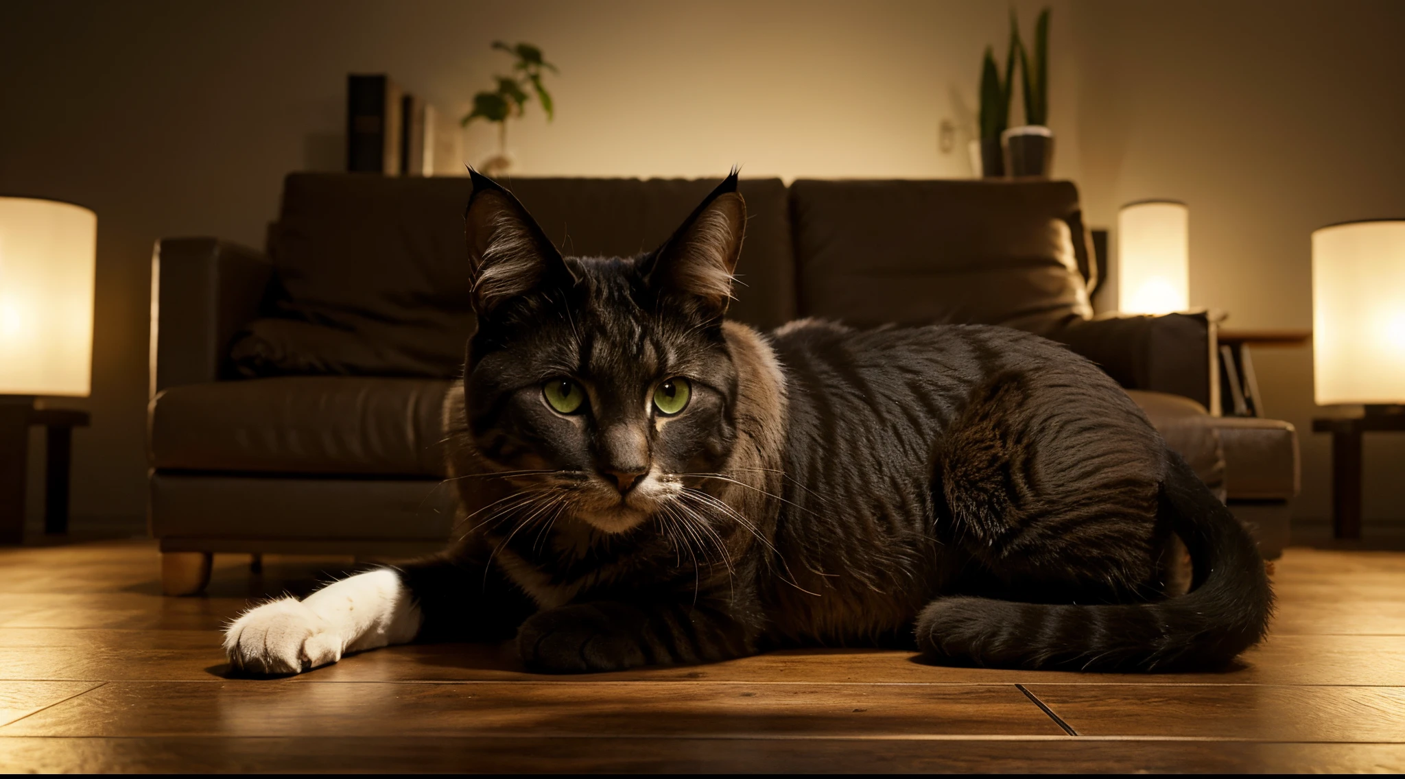 Por favor, Create a maximum quality image with advanced levels of detail and cinematic style. About the price, destaque um gato tigrado com pelagem ricamente detalhada e olhos verdes expressivos. Concentre-se nos detalhes das listras, texturas do pelo e nuances de cor. Use lighting that highlights the cat&#39;s contours, creating a captivating and cinematic atmosphere. Certifique-se de capturar o gato&#39;its unique essence, conveying your personality and curiosity through pose and facial expression. A paleta de cores deve ser cuidadosamente escolhida para acentuar o felino&#39;beauty and create a visually striking composition..