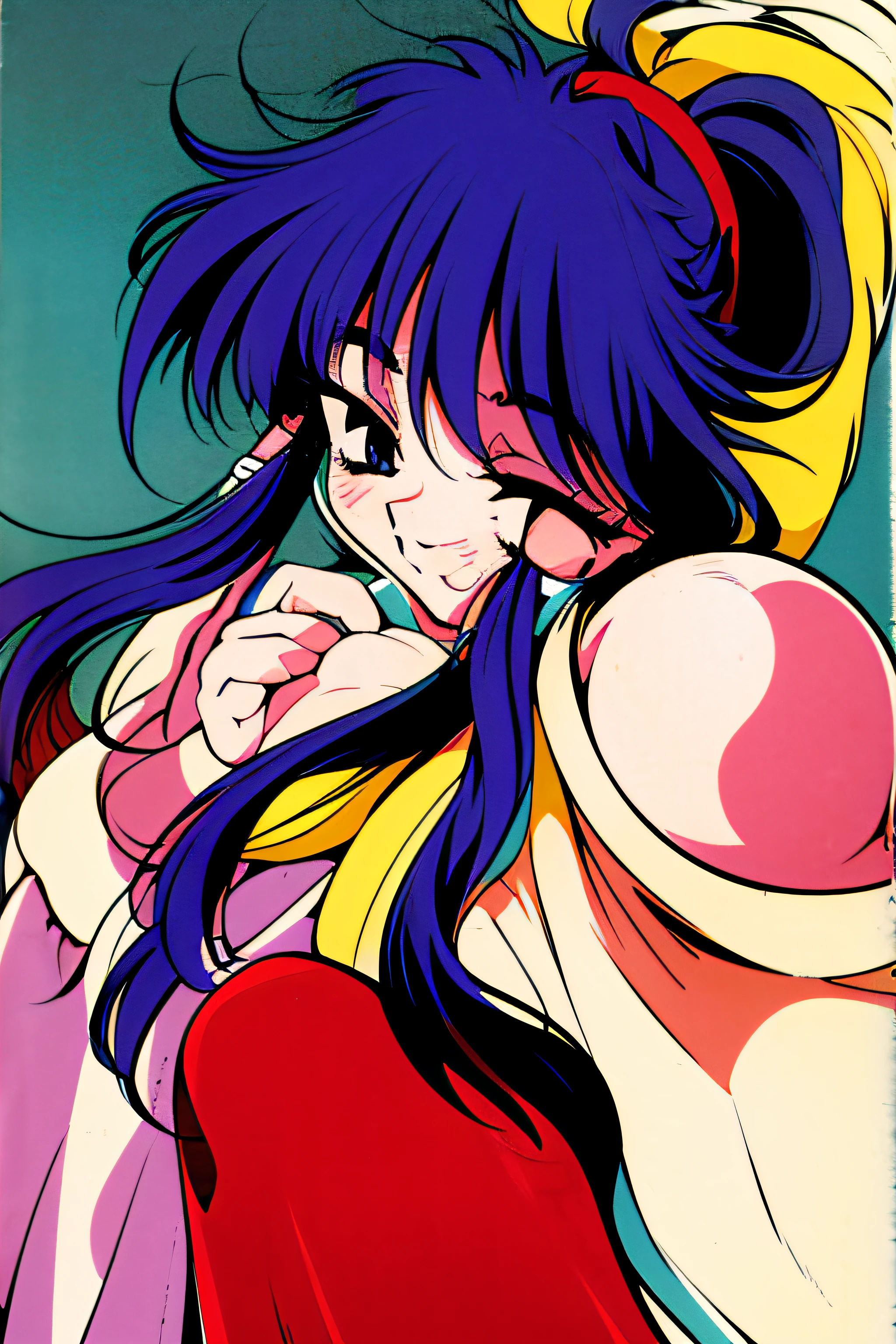 1girl(8), full body,  blush ,earrings(3) ,headband(4) ,jewelry(3) ,long_hair(7) ,red_eyes(3) ,red_hair(3) ,smile(8) ,solo(8) ,turtleneck ,rating:safe(9) ,breasts(2) ,cleavage(2) ,open_mouth(5) ,ponytail ,retro_artstyle(6) ,braid ,clothing_cutout ,fingerless_gloves(3) ,gloves(3) ,one_eye_closed(2) ,black_gloves ,blue_hair(4) ,green_eyes(4) ,painting_(medium) ,sidelocks ,yellow_headwear ,blue_eyes ,bow ,hair_bow ,hair_ornament ,hand_on_own_face ,hands_on_own_face ,head_rest ,low-tied_long_hair ,multi-tied_hair ,purple_hair(3) ,very_long_hair ,bandana ,closed_eyes ,hair_over_eyes ,lina_inverse  ,holding ,long_sleeves, 1990s, 1990 anime.