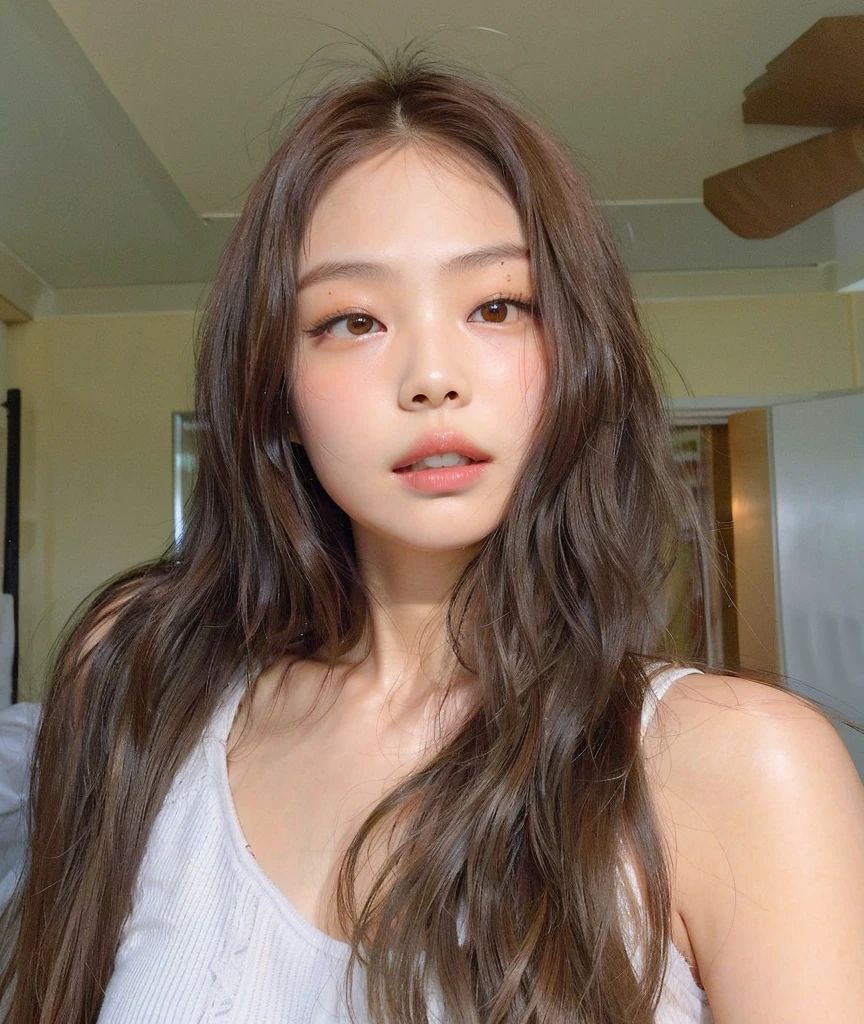 There was a woman with long hair and a white tank top., blackpink jennie, a young asian woman, young adorable Korean face, beautiful Korean girl, no wavy hair, asian face, young cute wan asian face, beautiful Korean girl, beautiful south korean woman, heonhwa choe, asian features, popular south Korean makeup, asian girl with long hair