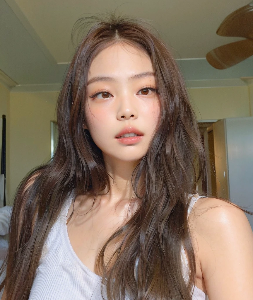 There was a woman with long hair and a white tank top., blackpink jennie, a young asian woman, young adorable Korean face, beautiful Korean girl, no wavy hair, asian face, young cute wan asian face, beautiful Korean girl, beautiful south korean woman, heonhwa choe, asian features, popular south Korean makeup, asian girl with long hair