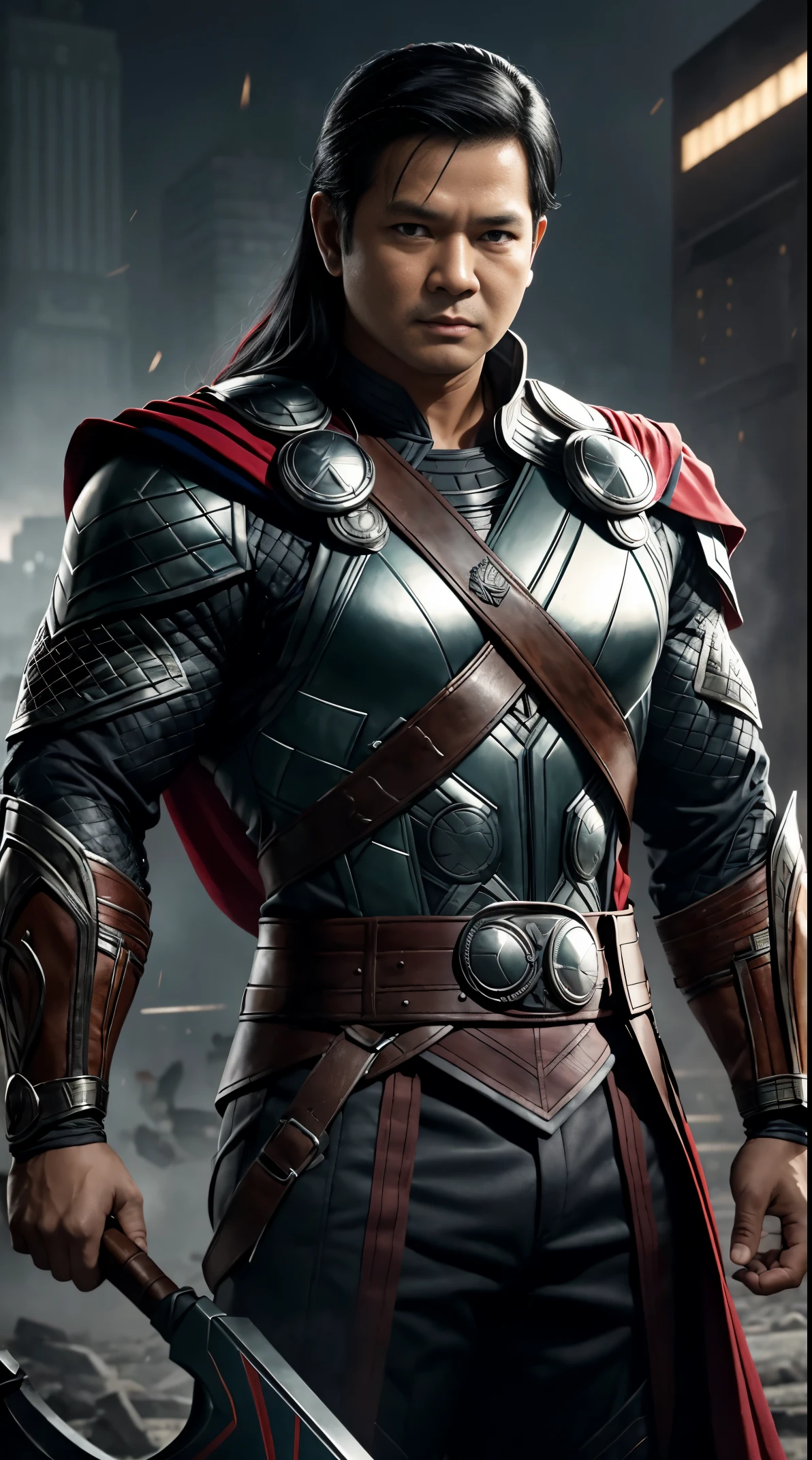 Prabowo Subianto outfit thor, short hair, black hair, cinematic