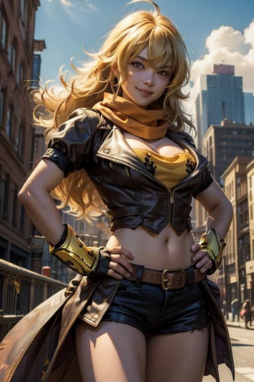 (masterpiece, best quality:1.2), cowboy shot, solo, 1girl, yang xiao long, grin, hand on hip, ahoge, purple eyes, brown jacket, yellow tube top, black shorts, black fingerless gloves, orange scarf, waist cape, midriff, cleavage, large breasts, cityscape background