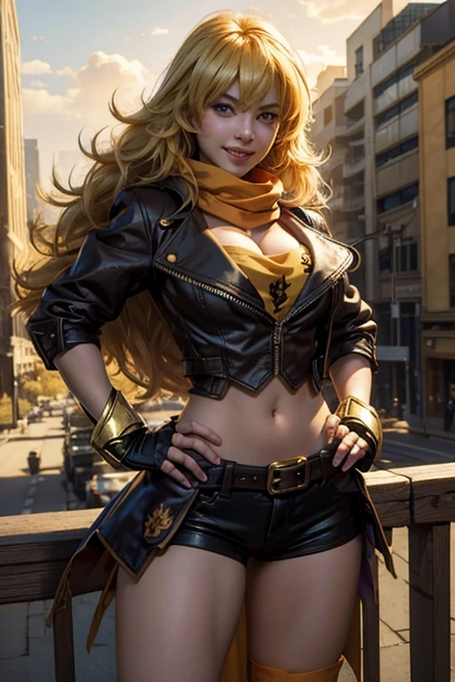 (masterpiece, best quality:1.2), cowboy shot, solo, 1girl, yang xiao long, grin, hand on hip, ahoge, purple eyes, brown jacket, yellow tube top, black shorts, black fingerless gloves, orange scarf, waist cape, midriff, cleavage, large breasts, cityscape background