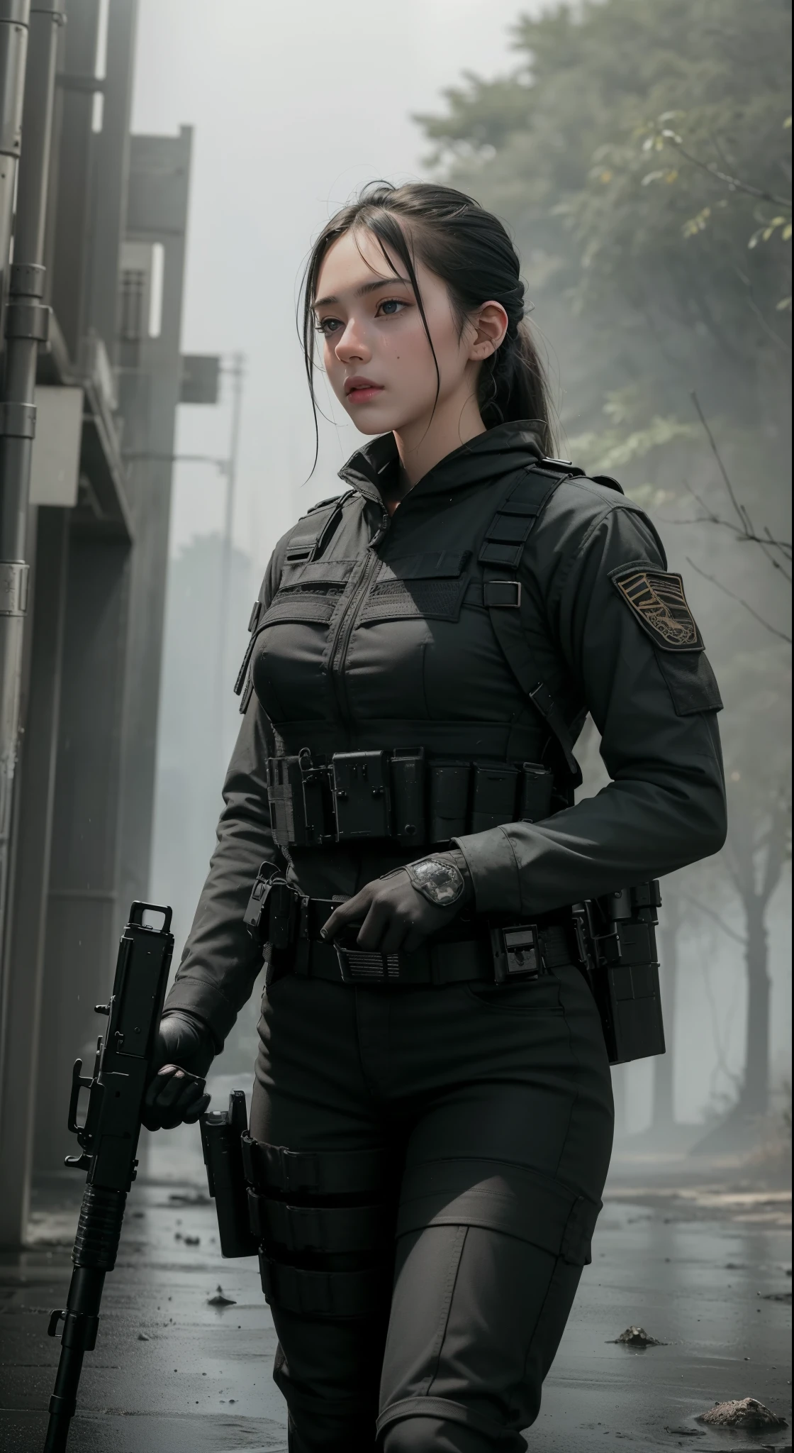 ((best quality)), ((masterpiece)), (detailed), beautiful lighting, best quality, realistic, full body portrait, real picture, intricate details, depth of field, 1girl, A very muscular solider girl with long haircut, around 20 years old wearing a black uniform holding a gun in the hallway, wearing black Swat tactical gear, photography of a techwear woman, dressed in black Swat tactical armor, black Swat tactical gear, Tactical vest and holster, Beautiful Female Soldier, Holding a rifle, closeup portrait shot, Have an MP7, holding rifle, special forces security, airsoft cqb, highly-detailed, perfect face, blue eyes, lips, wide hips, small waist, tall, make up, Fujifilm XT3, outdoors, bright day, Beautiful lighting, RAW photo, 8k UHD, film grain, ((bokeh)) (((Walking along a stream in a jungle, Fires, Smoke, debris, Camo netting, Ammo Boxes, Rain, Stormy, Wet, abstract beauty, near perfection, burning scene in the background, the forest is on fire, Mushroom Cloud, winner of the year's best photo, the world on fire, post-apocalyptic hellscape military photography, photo epic of the year, fire on the horizon, epic cinematic shot, pure form, intricate detail, 8k post-production, High resolution, super Detail, trending on ArtStation, sharp focus, studio photos, intricate detail, Very detailed,