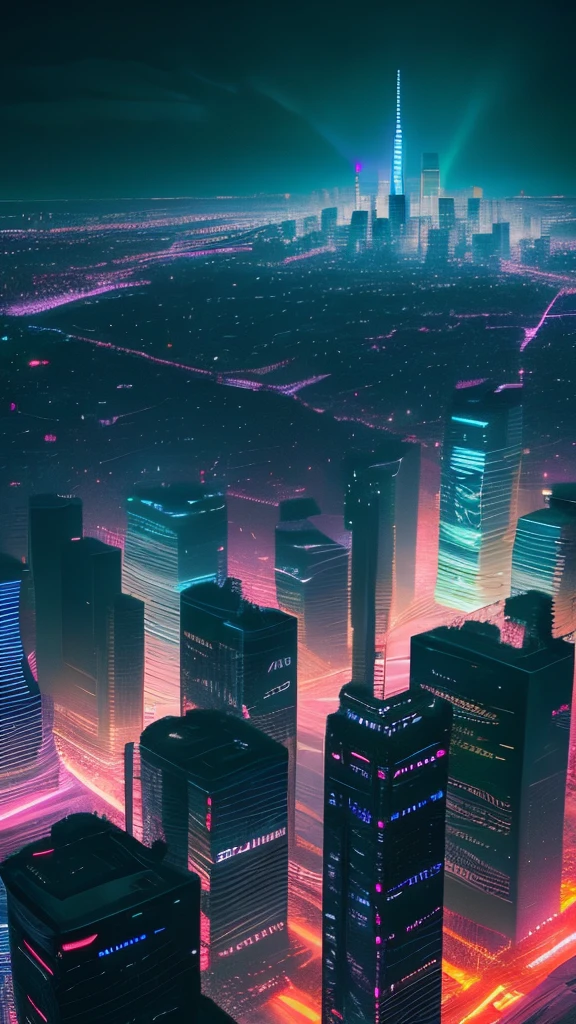 viewed from above , cyber punk , cinematic lighting, "Create a vivid depiction of 'Cybercity,' a futuristic landscape defined by neon-lit skyscrapers, holographic billboards, and bustling streets. Imagine a city where technology and vibrant colors merge to form a dazzling visual spectacle. Capture the essence of a bustling metropolis that thrives on innovation, with its streets alive with the hum of vehicles, the glow of neon, and the energy of progress."
