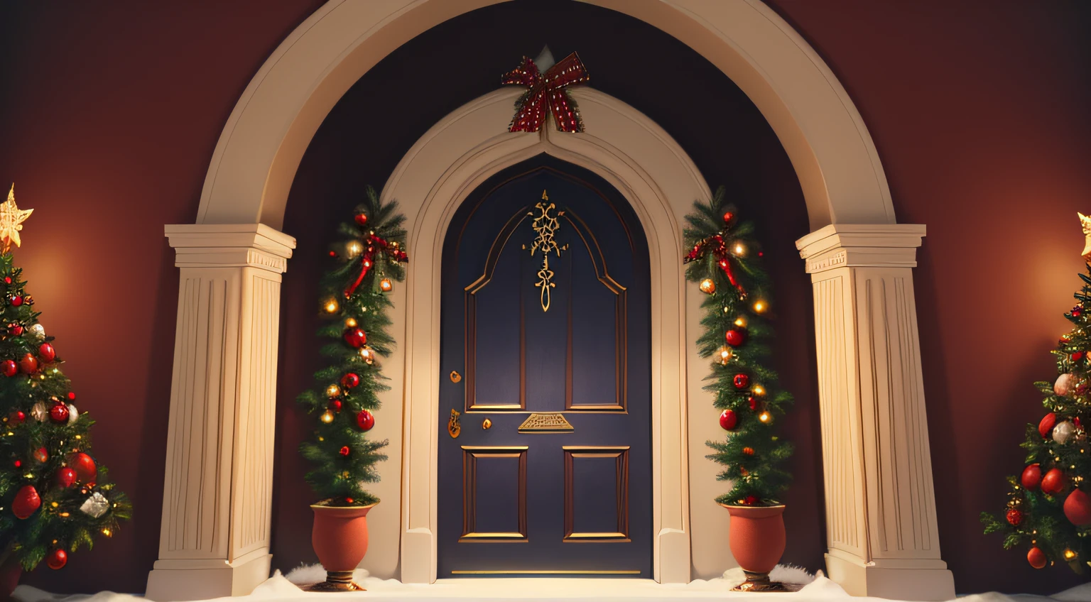 A very elegant christmas arch door with elegant decorations around, the wall around is decorated with christmas decorations, many decorations, 4k, no type, no tilted view, front view, back