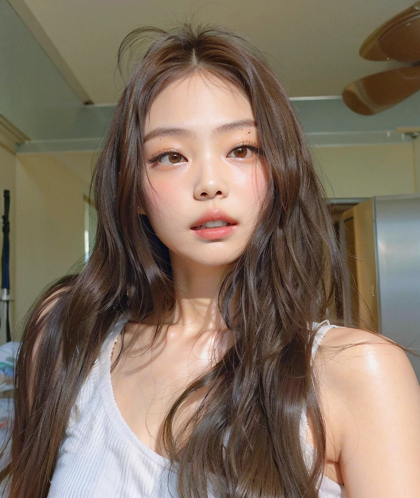 There was a woman with long hair and a white tank top.., blackpink jennie, a young asian woman, young adorable Korean face, beautiful Korean girl, no wavy hair, asian face, young cute wan asian face, beautiful Korean girl, beautiful south korean woman, heonhwa choe, asian features, popular south Korean makeup, asian girl with long hair