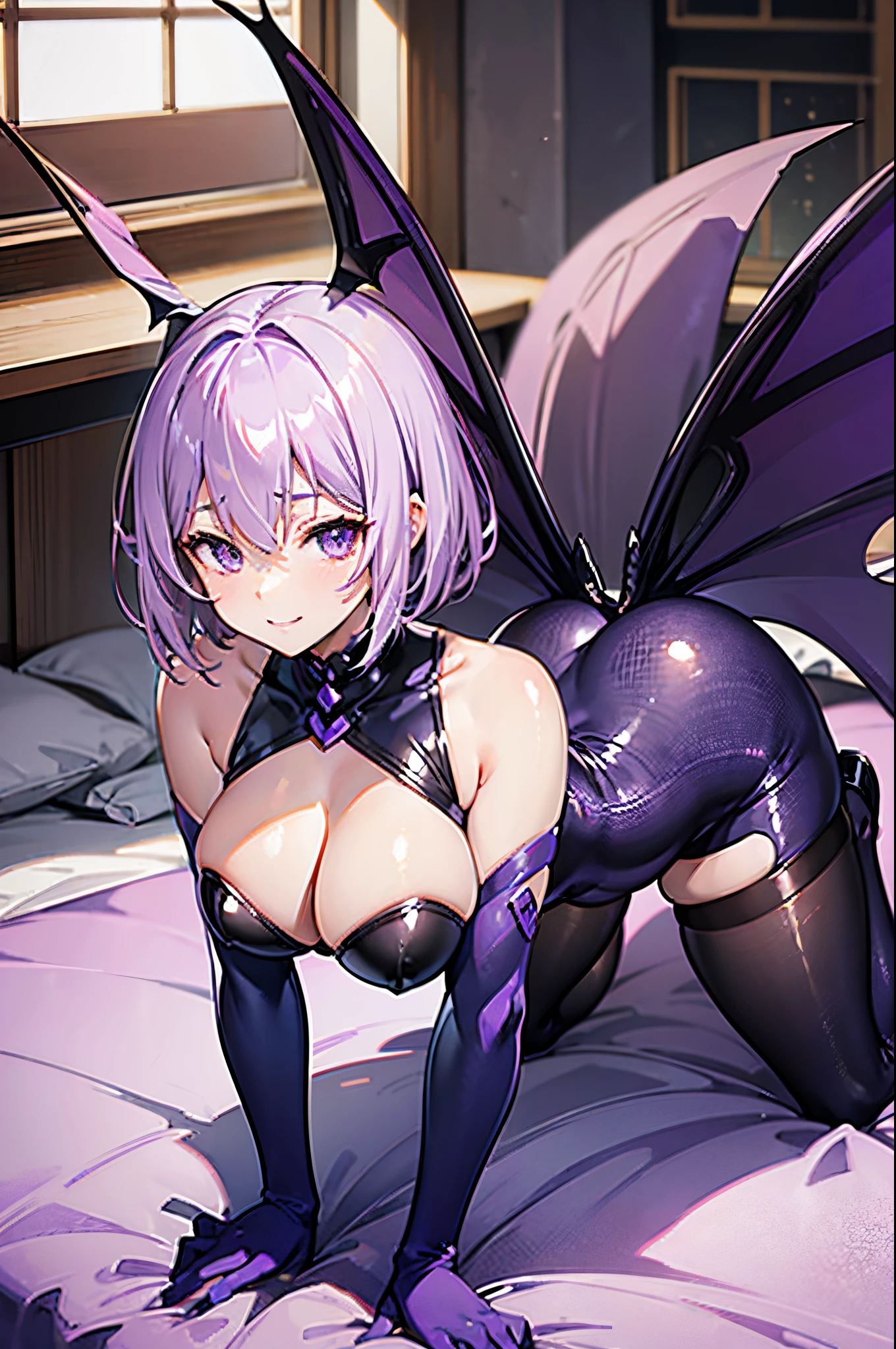 Carefully draw the face　High-quality faces in anime style　Lilac short bob　huge tit　Big ass　Whip thighs　Black full body suit　Bat-print purple pantyhose　seductiv　a smile　succubus　crawl face down