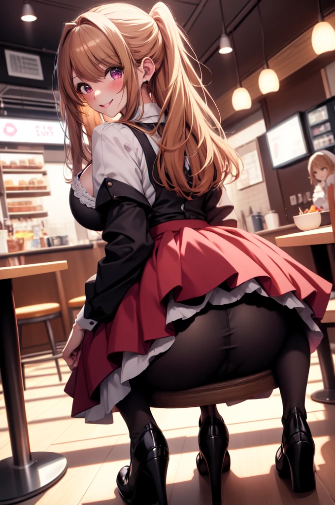 anime, beautiful face, highly detailed face, detailed perfect eyes, perfect hair, perfect lips, accurate arms, accurate hands, perfect legs, accurate footware. highly detailed background, front lighting, perfect lighting, full body, 1girl, solo, ruby hoshino, ruby, oshi no ko, heels, blonde hair, thighhighs, stockings, absurdres, high res, ultrasharp, 8K, masterpiece, looking at viewer, in a maid cafe, restaurant (sexy pose:1.2), (full body:1.3), waitress, maid mini skirt, body at an angle from viewer, looking back over her shoulder, view from behind, ass view, reverse cowgirl position, riding position, cowgirl position, revcowgirl, beautiful panties, cleavage, stockings, full of delight, smiling full of compassion, blushed