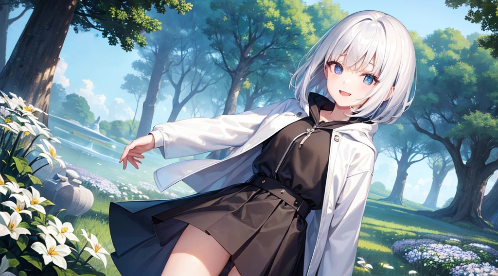 Ultra-high image quality,Look at viewers, hands behind back, girl with, 20 years old, Very short hair, long bangs between eyes, pale blue eyes, Hoodie, Skirt , Extremely detailed,(masterpiece、top-quality),White hair、A smile、Fantastical, Silver hair, Black eyes, Hoodie, White hoodie,a black skirt,Hair is short,White jacket, Casual style,Open jacket, Cowboy Shot、Fluttering hair、a small face、Bright smile、(Detailed face) ,profetional lighting,fantastic landscape,Blue sky, Sunlight,look down from above,portraitures、open open mouth、facing front、fountain in the forest、flower field