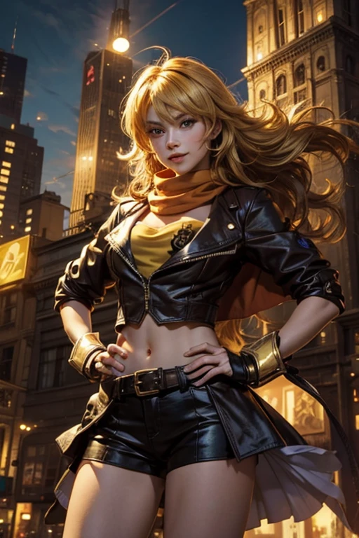 (masterpiece, best quality:1.2), cowboy shot, solo, 1girl, yang xiao long, grin, hand on hip, ahoge, purple eyes, brown jacket, yellow tube top, black skirt, black fingerless gloves, orange scarf, waist cape, midriff, cleavage, large breasts, cityscape background