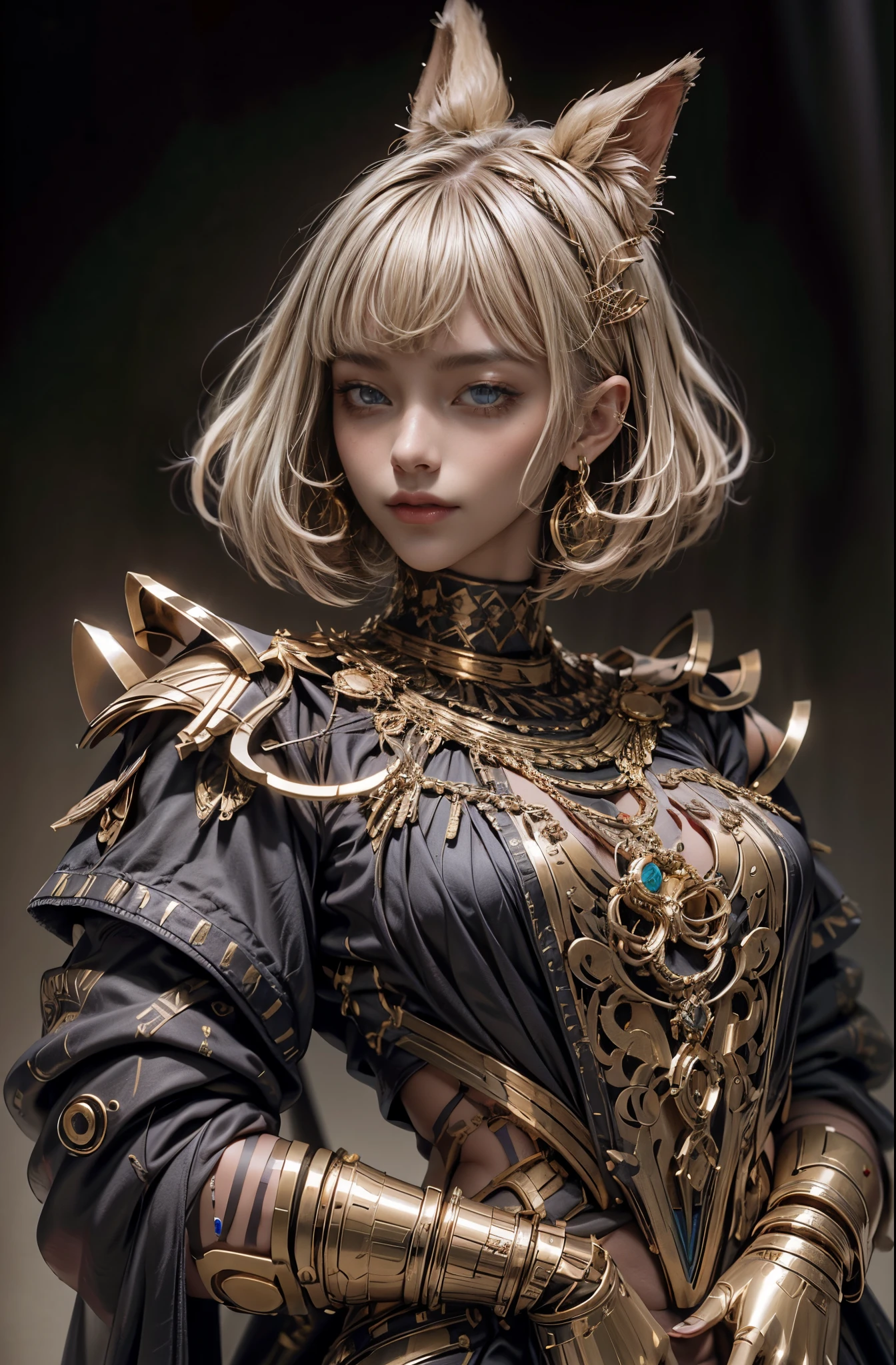 Beautiful blonde girl in gold and black armor., blue eyes, Gold Jewelry, Epic beautiful characters, captured on canon eos r 6, (Realistic face details), intricate detailed, Portrait of a beautiful girl, very high details, photo-hyper-realistic, 8k, UHD, hyperdetailed, (Dynamic Poses:1.4),