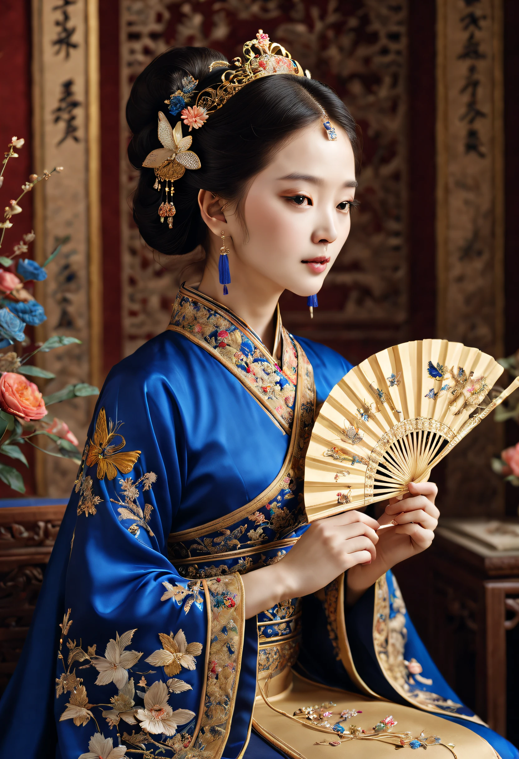 （Princess Ruixiang）、Portrait close-up、embroidery、Rich embroidery details、delicate linework、Pure silk material、Gorgeous patterns and patterns、Delicate needlework、Carefully embroidered flowers、Chinese traditional embroidery techniques、Stunning color combinations、Gorgeous royal blue and gold shades、Sparkling décor，Into the butterfly、Birds and other natural elements，The background is an exquisite palace scene，Soft and soft lighting，The atmosphere is bright and lively，Extraordinary level of reality，A high resolution，Studio lighting with subtle shadows，Perfect combination，Showing meticulous，The attention to detail。(Best quality at best,4K,8K,A high resolution,tmasterpiece:1.2),ultra - detailed,(actual,realisticlying,Photorealistic:1.37)