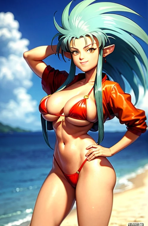 (masterpiece, best quality:1.1), ryouko_(tenchi_muyou!), hand on hip, smile, 1 girl, solo, big hair, blue hair, spiked hair, pointy ears, red earrings, highleg bikini, micro bikini, white and red bikini, covered, yellow eyes, huge breasts, retro artstyle, beach, blue sky