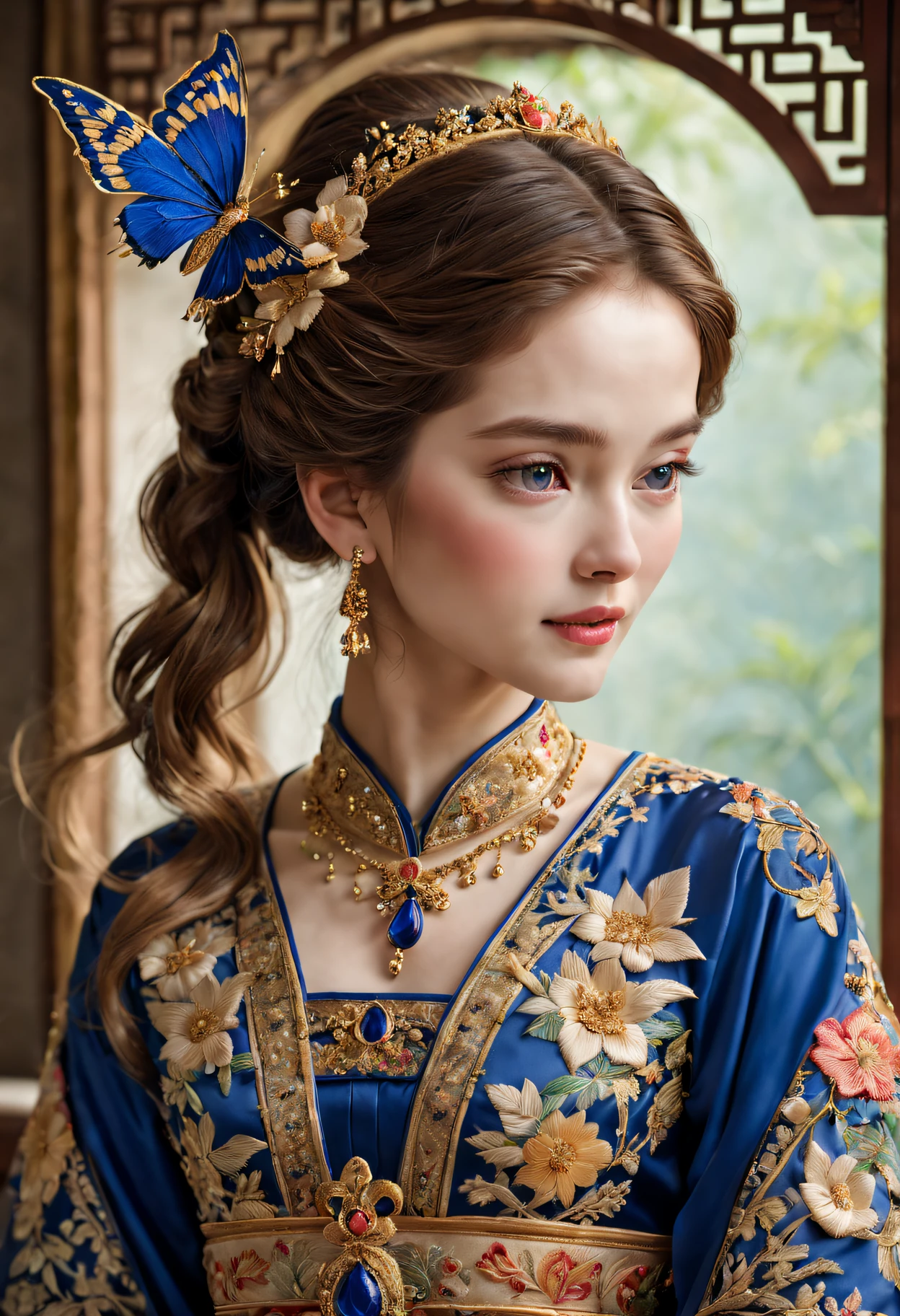 （Princess Ruixiang）、Portrait close-up、embroidery、Rich embroidery details、delicate linework、Pure silk material、Gorgeous patterns and patterns、Delicate needlework、Carefully embroidered flowers、Chinese traditional embroidery techniques、Stunning color combinations、Gorgeous royal blue and gold shades、Sparkling décor，Into the butterfly、Birds and other natural elements，The background is an exquisite palace scene，Soft and soft lighting，The atmosphere is bright and lively，Extraordinary level of reality，A high resolution，Studio lighting with subtle shadows，Perfect combination，Showing meticulous，The attention to detail。(Best quality at best,4K,8K,A high resolution,tmasterpiece:1.2),ultra - detailed,(actual,realisticlying,Photorealistic:1.37)