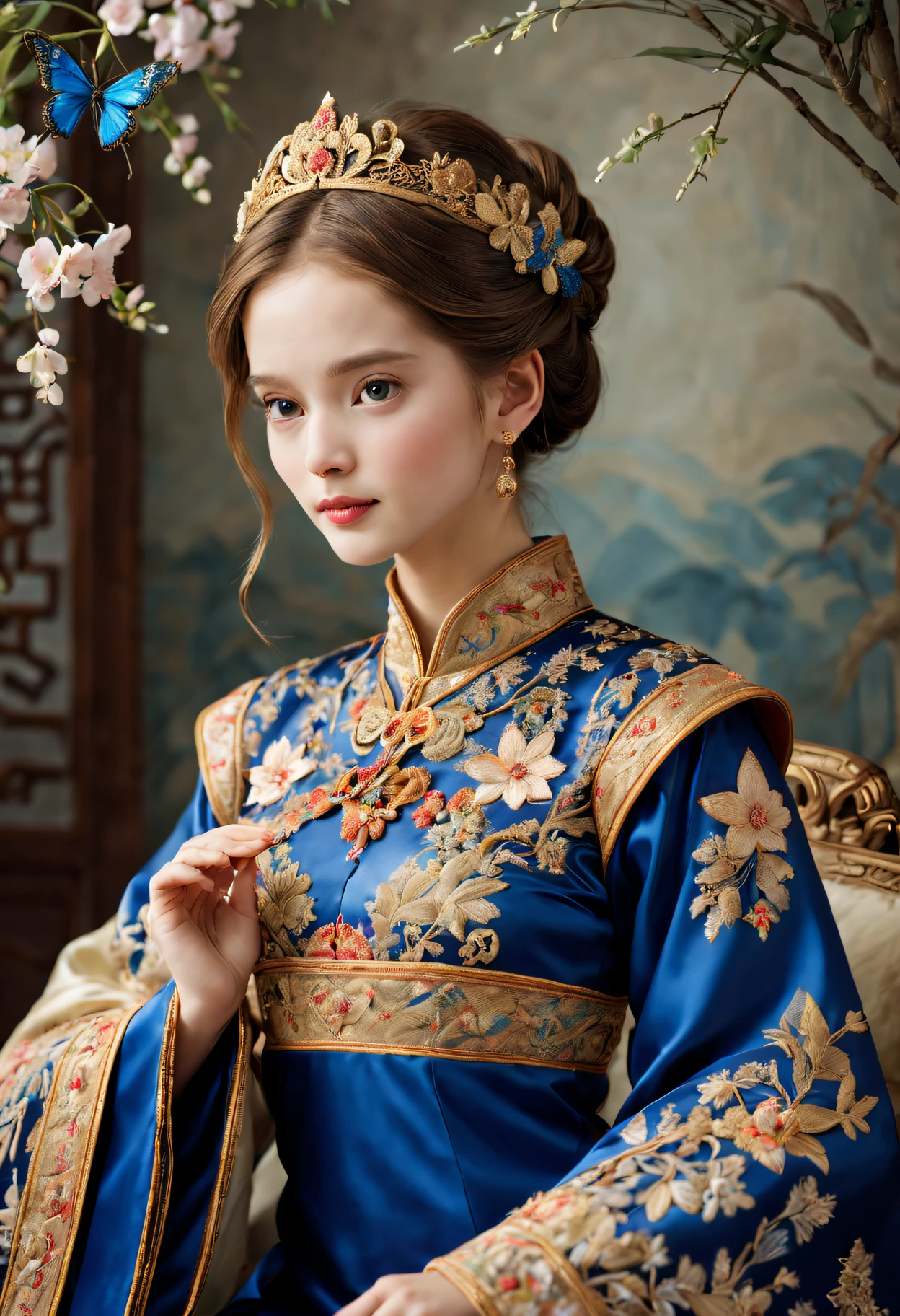 (Princess Daphne holding a fan),embroidery,Rich embroidery details,Delicate thread,Pure silk material,Gorgeous patterns and patterns,exquisite needlework,Carefully embroidered flowers,Chinese traditional embroidery techniques,Stunning color combinations,Gorgeous royal blue and gold shades,Sparkling décor,Incorporate natural elements like butterflies and birds,Beautiful palace scene in the background,Soft and soft lighting,(portrait style composition),Impeccable attention to facial features and expressions,The atmosphere is bright and lively,Extraordinary level of realism,A high resolution,Studio lighting with subtle shadows,Perfectly aligned pins,Meticulous attention to detail.