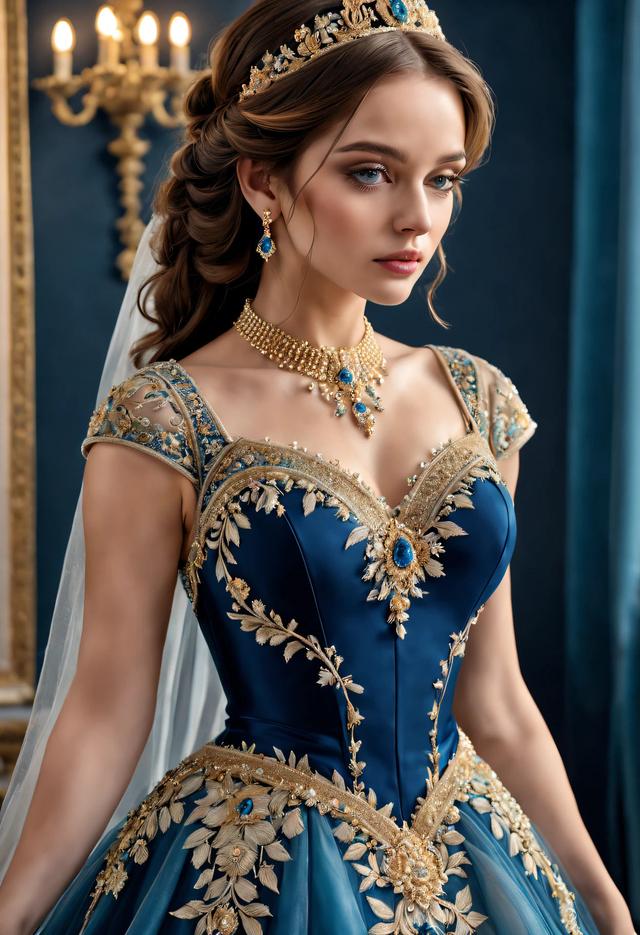 (Best quality at best,4K,8K,A high resolution,tmasterpiece:1.2),ultra - detailed,(actual,realisticlying,Photorealistic:1.37),Embroidered Tiffany Princess with Intricate Details,middling:embroidery,Delicate stitches,Sparkling beads,royal blue gown,Detailed embellishment,Gorgeous handmade patterns,artistic imagination, glowing wires,delicate craftsmanship,Gorgeous gold accents,The soft, flowy fabric,Exquisite embroidery techniques, fine needlework, Subtle shadows, Intricate patterns, Sparkling sequins, Elegant floral design, intricate lace, Delicate tulle layers, Complex beading, Delicate lace trim,vivd colour,Rich jewel tones palette,gentlesoftlighting,Subtle golden glow, enchanting atmosphere,royal regalia, Delicate femininity, a captivating gaze, Beautiful posture