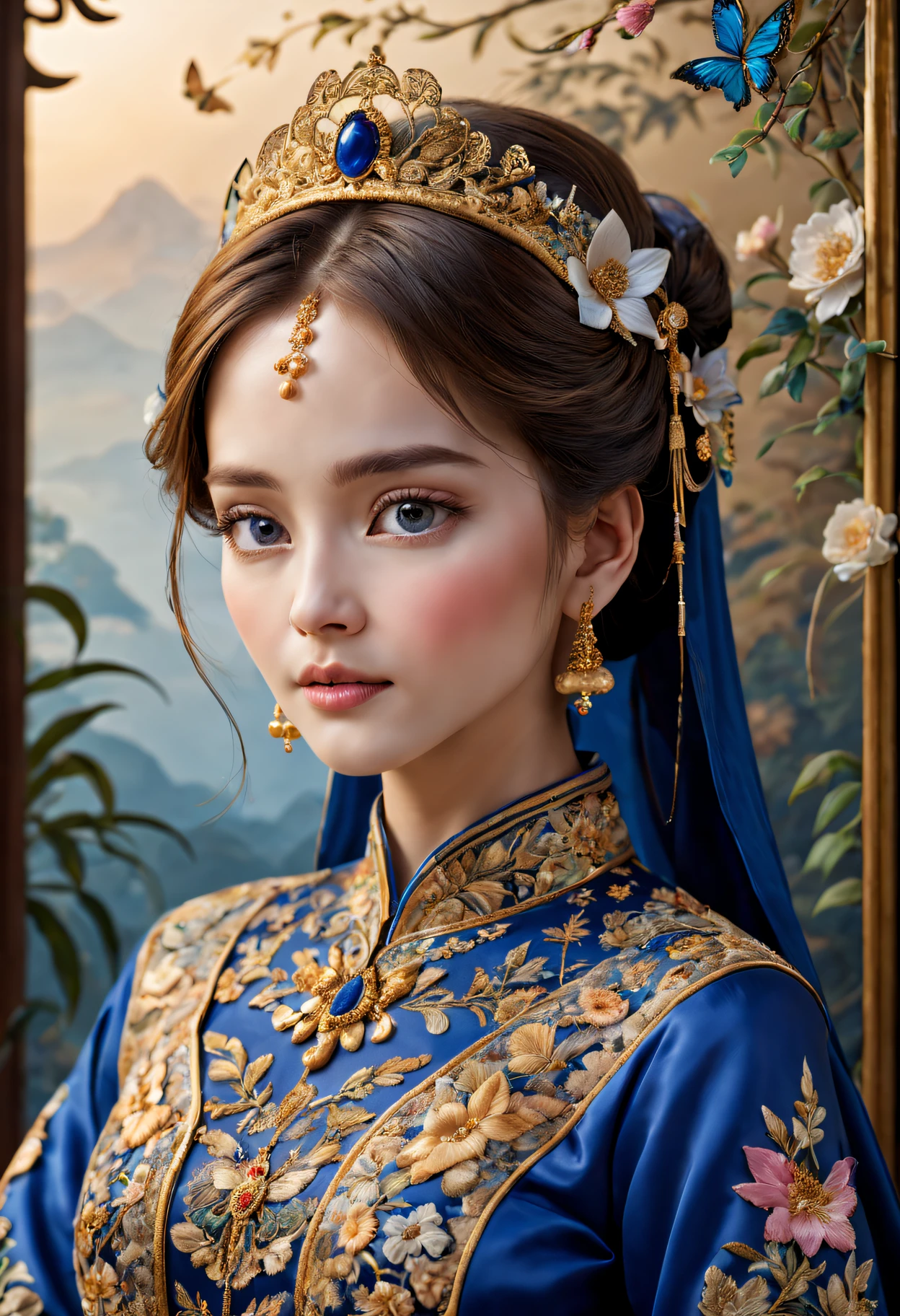 （Princess Ruixiang）、Portrait close-up、embroidery、Rich embroidery details、delicate linework、Pure silk material、Gorgeous patterns and patterns、Delicate needlework、Carefully embroidered flowers、Chinese traditional embroidery techniques、Stunning color combinations、Gorgeous royal blue and gold shades、Sparkling décor，Into the butterfly、Birds and other natural elements，The background is an exquisite palace scene，Soft and soft lighting，The atmosphere is bright and lively，Extraordinary level of reality，A high resolution，Studio lighting with subtle shadows，Perfect combination，Showing meticulous，The attention to detail。(Best quality at best,4K,8K,A high resolution,tmasterpiece:1.2),ultra - detailed,(actual,realisticlying,Photorealistic:1.37)