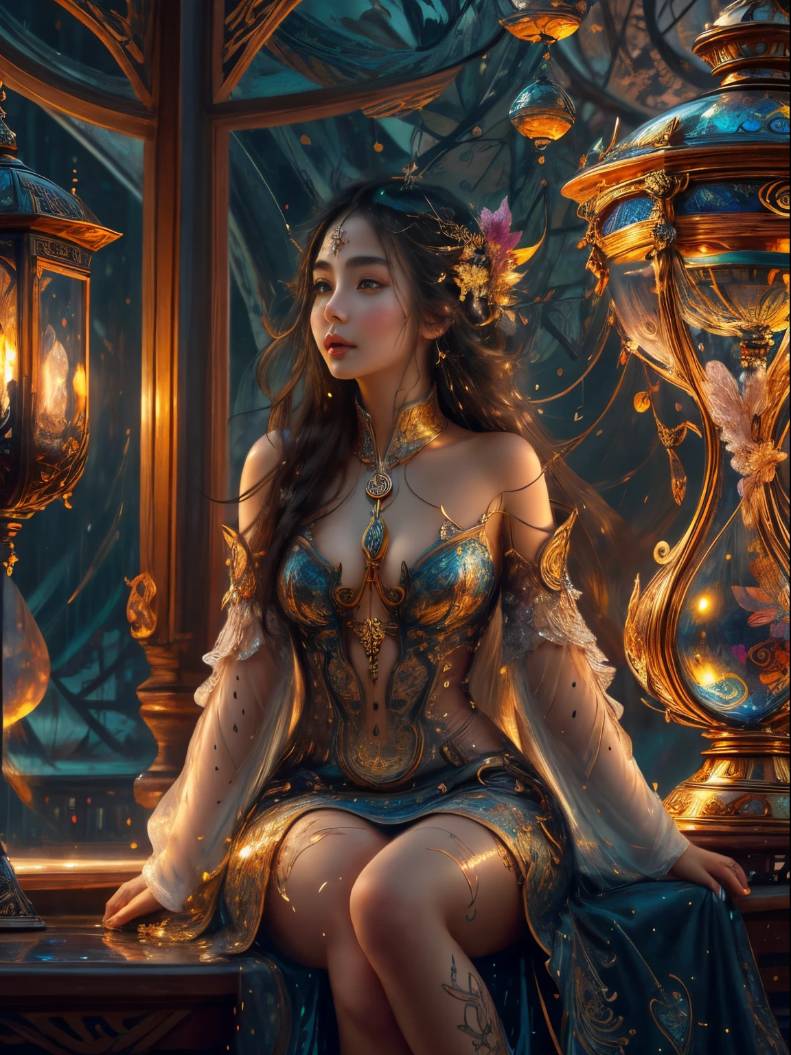 girl holds hourglass in her right hand, girl sitting on stool watching hourglass in her hand,, (masterpiece), best quality, expressive eyes, perfect face, naked woman very thin pussy, (masterpiece), best quality, expressive eyes, perfect face, huge hourglass, antique hourglass, floating antique clock, beautiful girl inside the hourglass, beautiful Latin girl behind the clock glass, floating antique clock, lamp , lantern, dark night sky, cloudy sky, rain clouds with lightning, beautiful girl looking up, long black hair, dark, high resolution, 8k, beautiful latin girl face, cool beauty, transparent white silk dress, style beauty, bright fog. Paint water splashes. Magic spell. Baroque elements, intricate oil paintings, swirling bubbles and fountains, full body, extremely detailed (Fractal Art: 1.3), colorful, more detailed, slight smile, sitting on stool with legs spread, view of pubic hair, 1 sexy girl in clothes transparent, small breasts exposed, transparent open t-shirt, tattoos of mandalas and flowers, best quality, black and brown hair merged in water, naked girl, beautiful visible pubic area, small breasts in sight, perfect hair, perfect full lips, body delicate and perfect, digital painting, intricately detailed eyes looking up, girl looking up, metallic colors and enamel, fine art, finely drawn hands; magical garden, metallic roses, autumn leaves, metallic colors and enamel, meditation, girl in a state of meditation, rain, wlop style art, Latin girl with tanned skin, shiny brown skin, bare feet stepping on garden grass, scene inside glass hourglass, floating antique clocks, impressionist art,