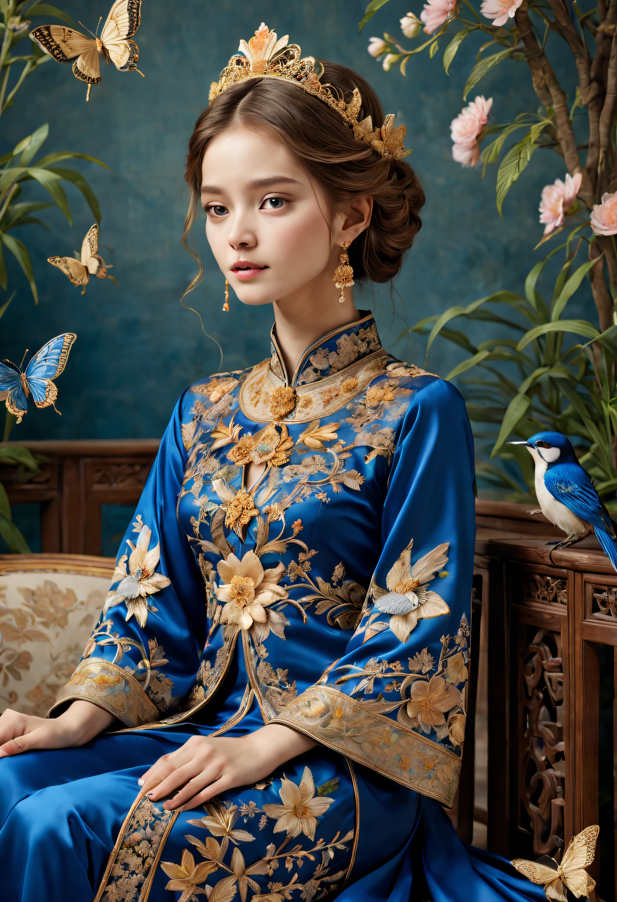 (princess daphne ),embroidery,Rich embroidery details,Delicate thread,Pure silk material,Gorgeous patterns and patterns,exquisite needlework,Carefully embroidered flowers,Chinese traditional embroidery techniques,Stunning color combinations,Gorgeous royal blue and gold shades,Sparkling décor,Incorporate natural elements like butterflies and birds,Beautiful palace scene in the background,Soft and soft lighting,portrait style composition,Impeccable attention to facial features and expressions,The atmosphere is bright and lively,Extraordinary level of realism,A high resolution,Studio lighting with subtle shadows,Perfectly aligned pins,Meticulous attention to detail.