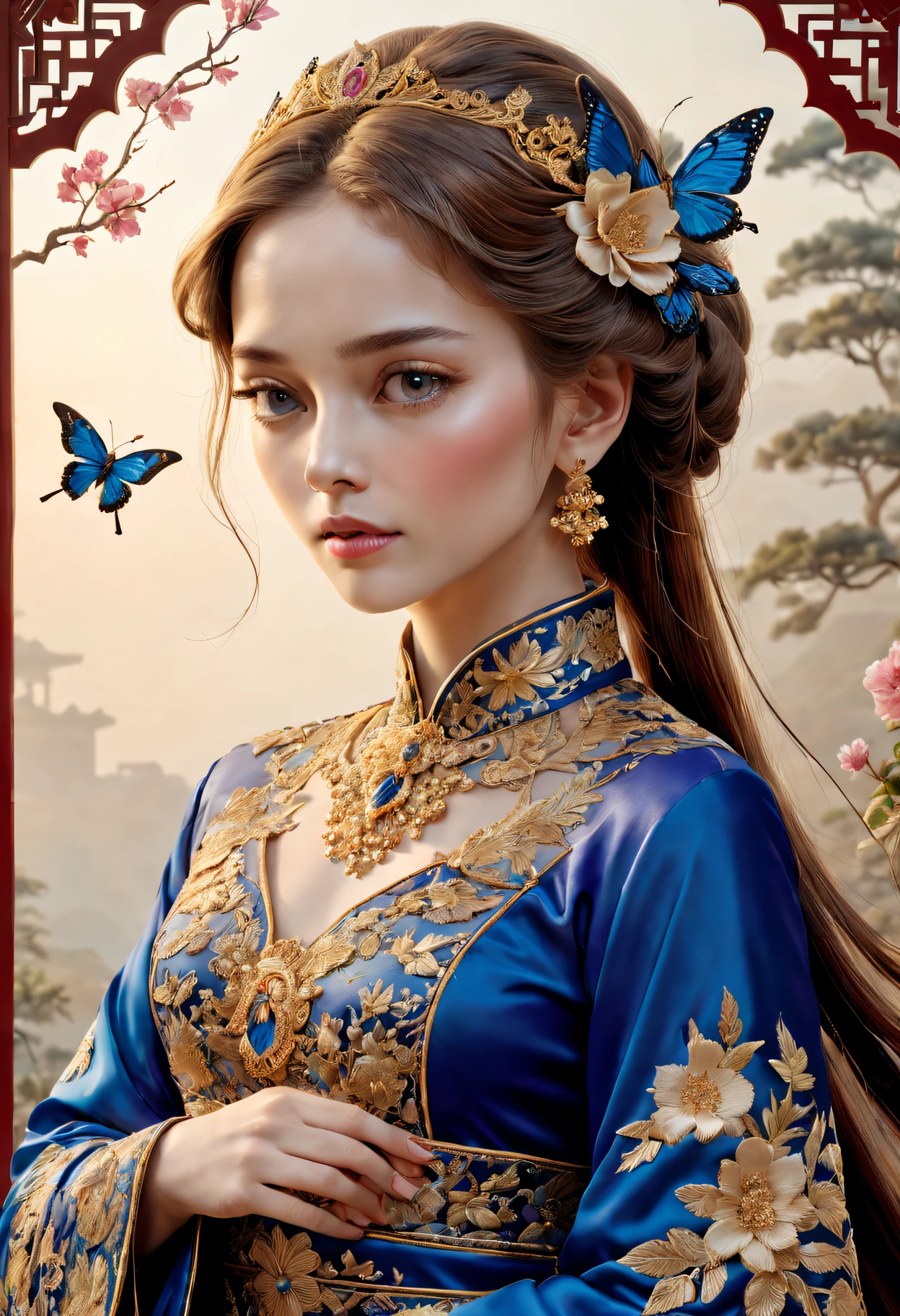 （Princess Ruixiang）、Portrait close-up、embroidery、Rich embroidery details、delicate linework、Pure silk material、Gorgeous patterns and patterns、Delicate needlework、Carefully embroidered flowers、Chinese traditional embroidery techniques、Stunning color combinations、Gorgeous royal blue and gold shades、Sparkling décor，Into the butterfly、Birds and other natural elements，The background is an exquisite palace scene，Soft and soft lighting，The atmosphere is bright and lively，Extraordinary level of reality，A high resolution，Studio lighting with subtle shadows，Perfect combination，Showing meticulous，The attention to detail。(Best quality at best,4K,8K,A high resolution,tmasterpiece:1.2),ultra - detailed,(actual,realisticlying,Photorealistic:1.37)