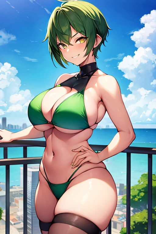 nanao yukiji style, pkmnJenny, green hair, shoulder length hair, large breasts, bouncy breasts, big ass, black sling bikini, nervous, sweaty, wet, shiny body, shiny skin, cameltoe, wet pussy, wavy smile, beach, sand and waves, sunny