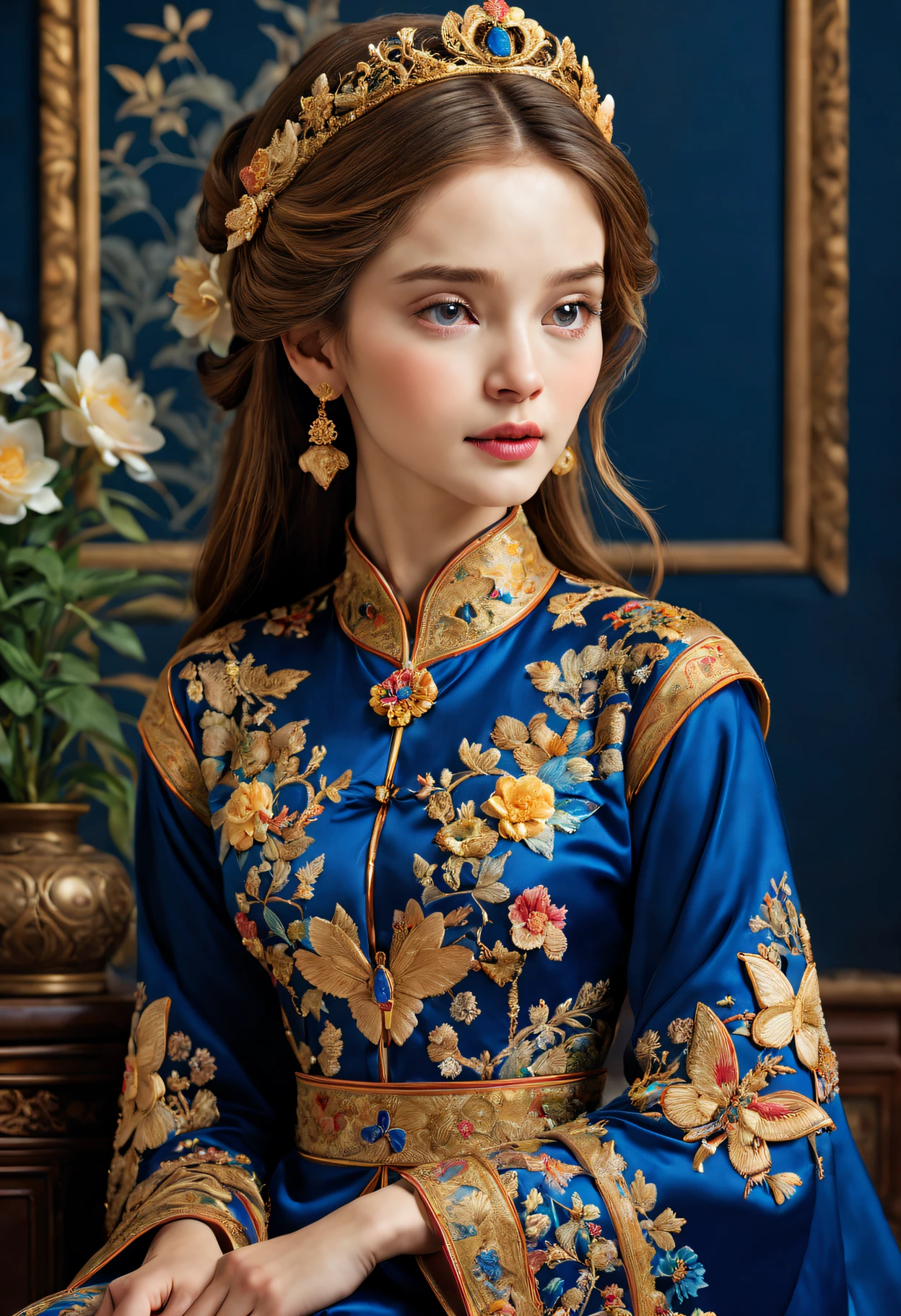 (princess daphne ),embroidery,Rich embroidery details,Delicate thread,Pure silk material,Gorgeous patterns and patterns,exquisite needlework,Carefully embroidered flowers,Chinese traditional embroidery techniques,Stunning color combinations,Gorgeous royal blue and gold shades,Sparkling décor,Incorporate natural elements like butterflies and birds,Beautiful palace scene in the background,Soft and soft lighting,portrait style composition,Impeccable attention to facial features and expressions,The atmosphere is bright and lively,Extraordinary level of realism,A high resolution,Studio lighting with subtle shadows,Perfectly aligned pins,Meticulous attention to detail.