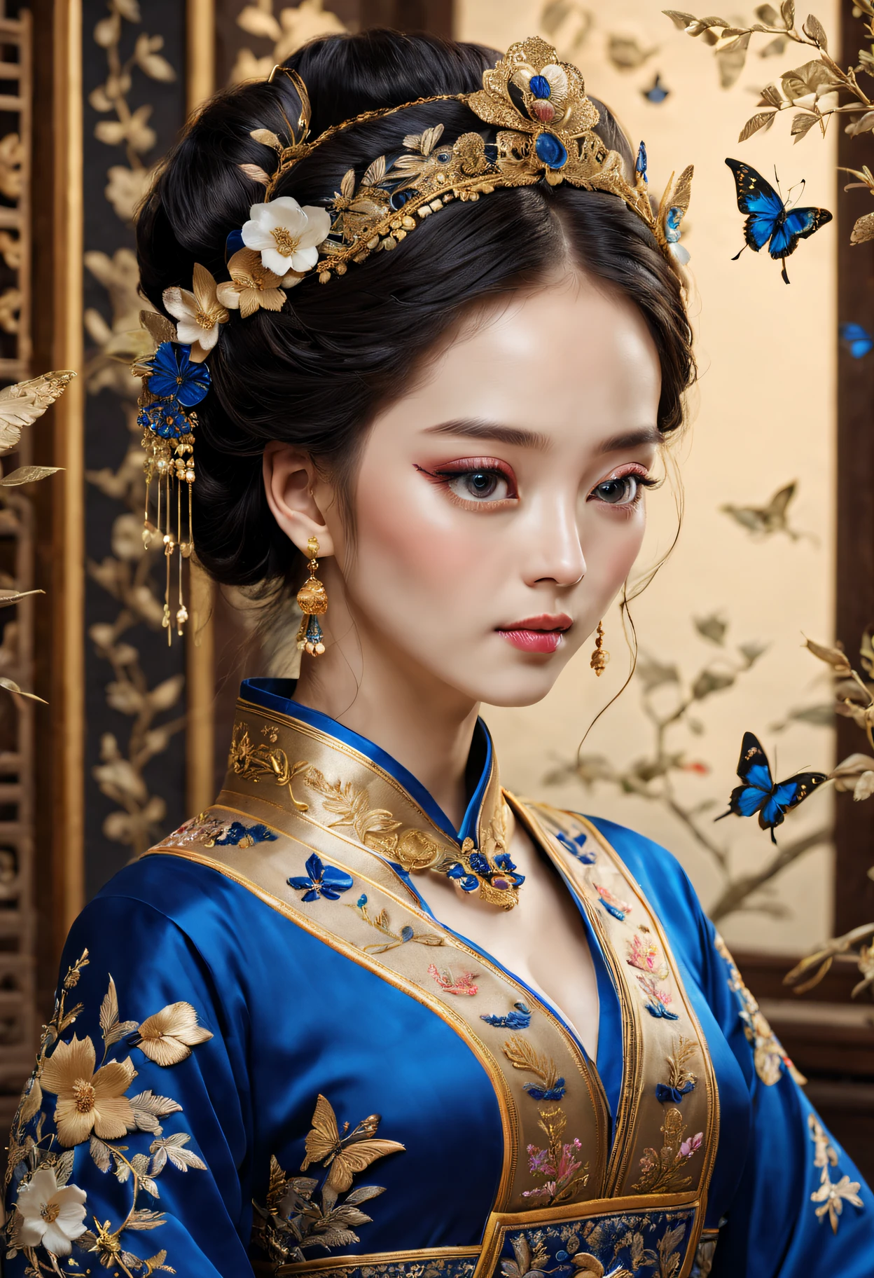 （Princess Ruixiang）、Portrait close-up、embroidery、Rich embroidery details、delicate linework、Pure silk material、Gorgeous patterns and patterns、Delicate needlework、Carefully embroidered flowers、Chinese traditional embroidery techniques、Stunning color combinations、Gorgeous royal blue and gold shades、Sparkling décor，Into the butterfly、Birds and other natural elements，The background is an exquisite palace scene，Soft and soft lighting，The atmosphere is bright and lively，Extraordinary level of reality，A high resolution，Studio lighting with subtle shadows，Perfect combination，Showing meticulous，The attention to detail。