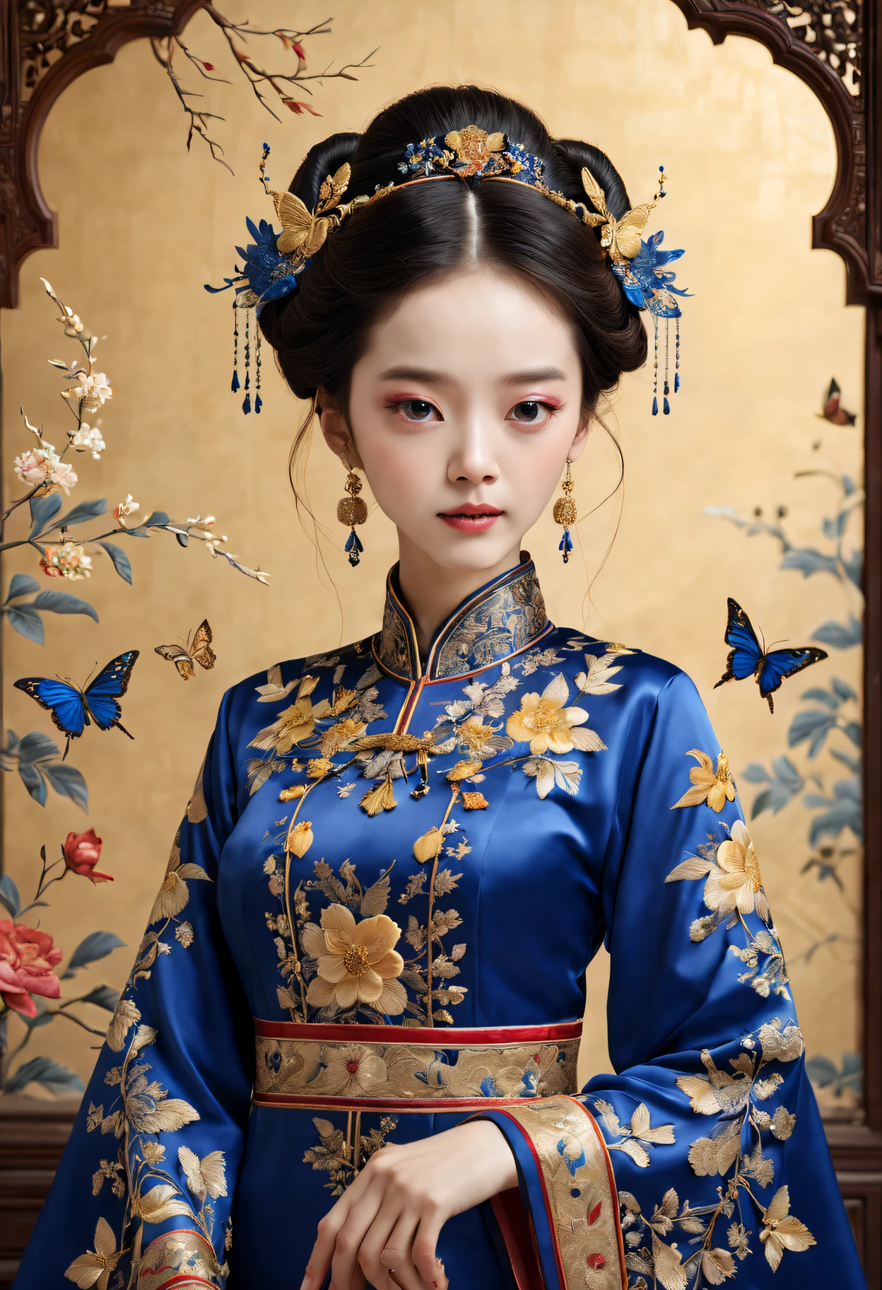 （Princess Ruixiang）、Portrait close-up、embroidery、Rich embroidery details、delicate linework、Pure silk material、Gorgeous patterns and patterns、Delicate needlework、Carefully embroidered flowers、Chinese traditional embroidery techniques、Stunning color combinations、Gorgeous royal blue and gold shades、Sparkling décor，Into the butterfly、Birds and other natural elements，The background is an exquisite palace scene，Soft and soft lighting，The atmosphere is bright and lively，Extraordinary level of reality，A high resolution，Studio lighting with subtle shadows，Perfect combination，Showing meticulous，The attention to detail。(Best quality at best,4K,8K,A high resolution,tmasterpiece:1.2),ultra - detailed,(actual,realisticlying,Photorealistic:1.37)