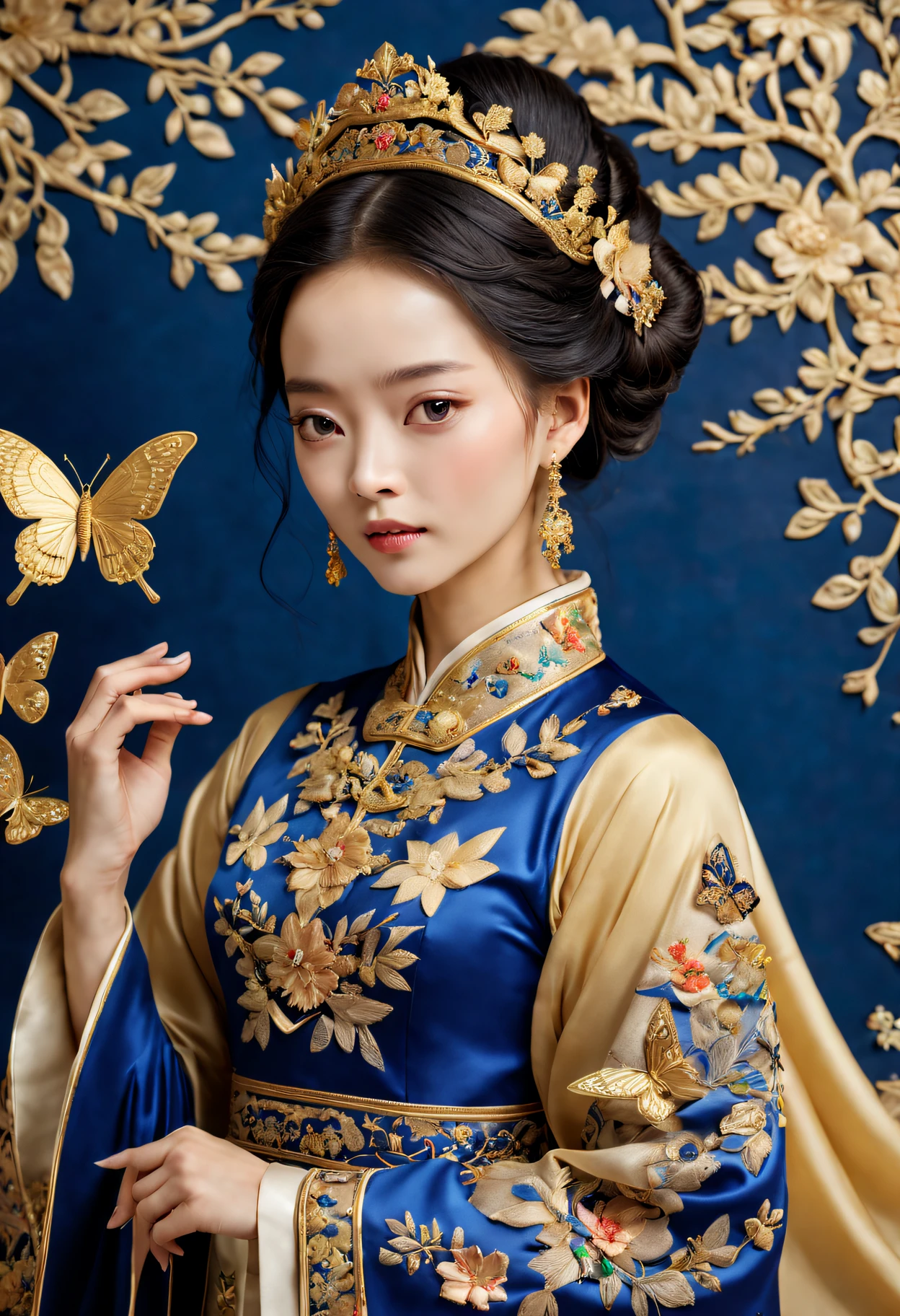 （Princess Ruixiang）、Portrait close-up、embroidery、Rich embroidery details、delicate linework、Pure silk material、Gorgeous patterns and patterns、Delicate needlework、Carefully embroidered flowers、Chinese traditional embroidery techniques、Stunning color combinations、Gorgeous royal blue and gold shades、Sparkling décor，Into the butterfly、Birds and other natural elements，The background is an exquisite palace scene，Soft and soft lighting，The atmosphere is bright and lively，Extraordinary level of reality，A high resolution，Studio lighting with subtle shadows，Perfect combination，Showing meticulous，The attention to detail。