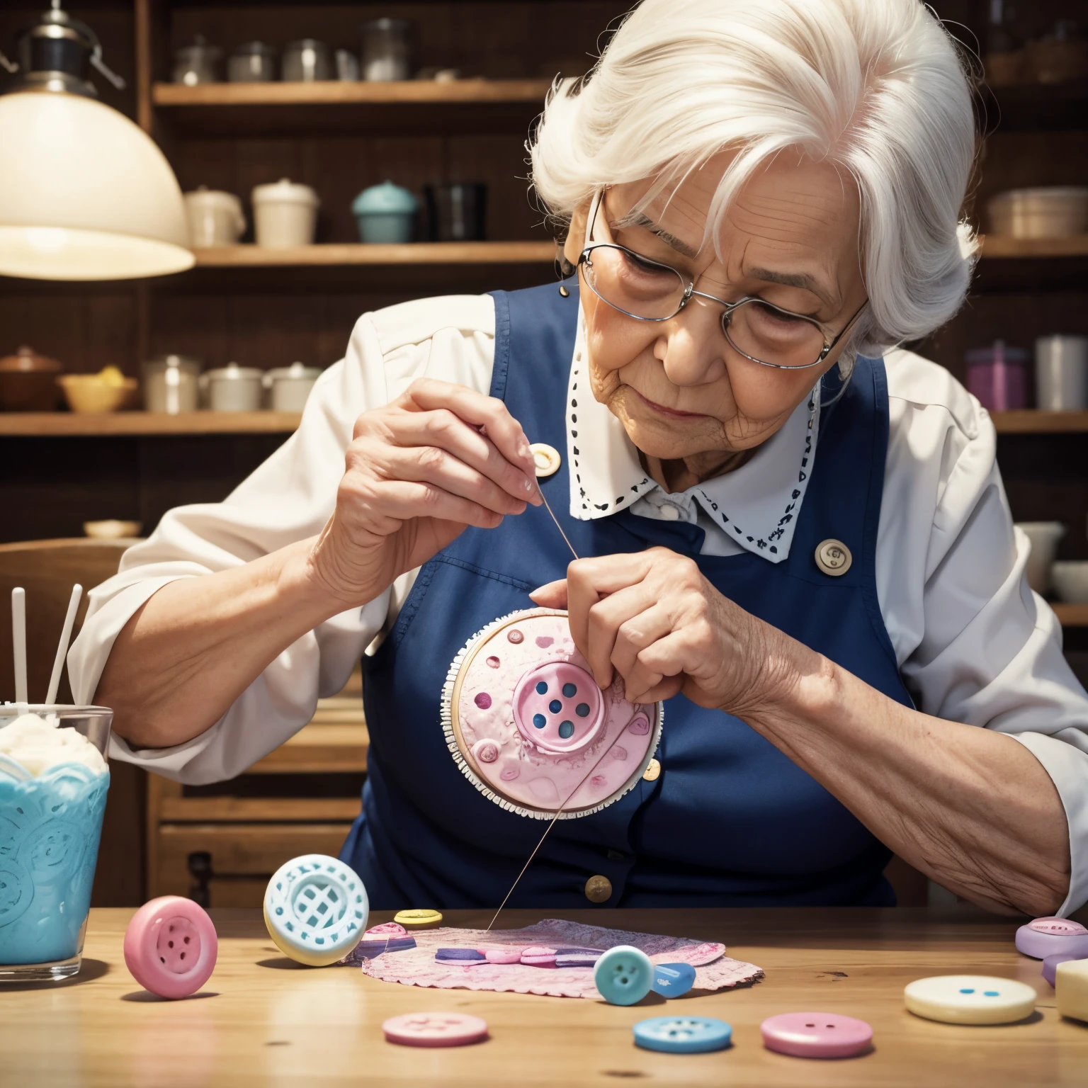 An old lady sewing buttons on ice cream