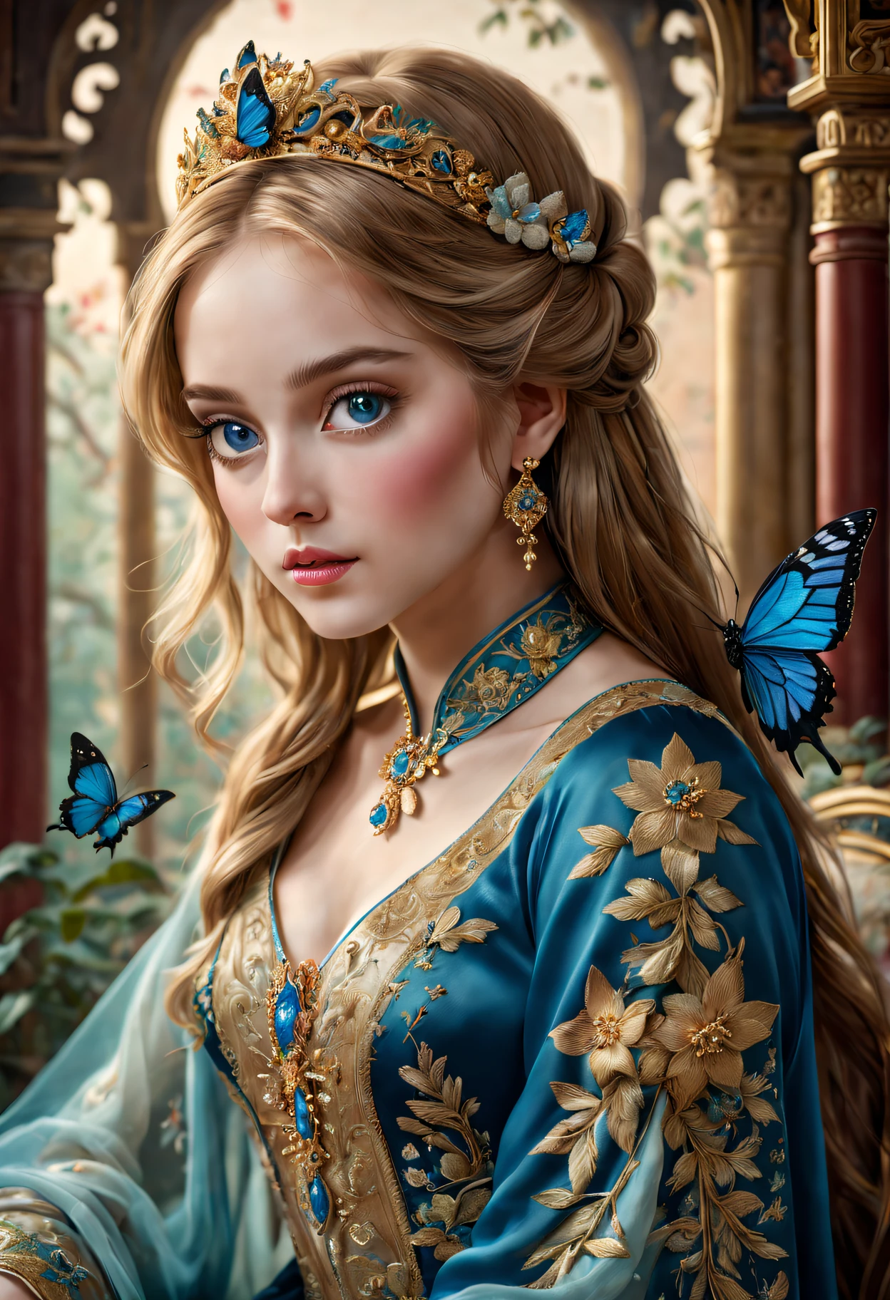 (Best quality at best,4K,8K,A high resolution,tmasterpiece:1.2),ultra - detailed,(actual,realisticlying,Photorealistic:1.37),(princess daphne ),embroidery,Rich embroidery details,Delicate thread,Pure silk material,Gorgeous patterns and patterns,exquisite needlework,Carefully embroidered flowers,Chinese traditional embroidery techniques,Stunning color combinations,Gorgeous royal blue and gold shades,Sparkling décor,Incorporate natural elements like butterflies and birds,Beautiful palace scene in the background,Soft and soft lighting,portrait style composition,Impeccable attention to facial features and expressions,The atmosphere is bright and lively,Extraordinary level of realism,A high resolution,Studio lighting with subtle shadows,Perfectly aligned pins,Meticulous attention to detail.