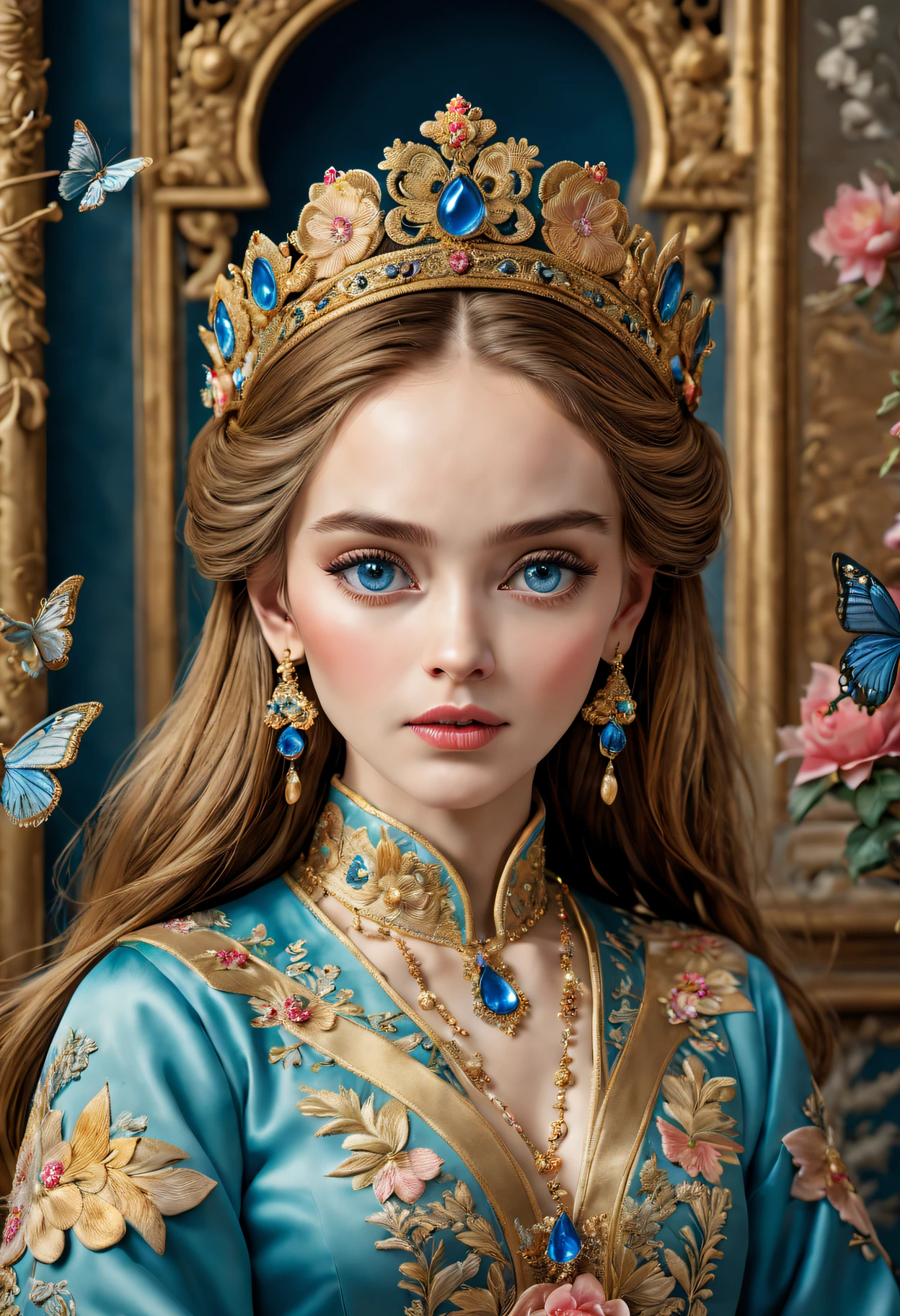 (Best quality at best,4K,8K,A high resolution,tmasterpiece:1.2),ultra - detailed,(actual,realisticlying,Photorealistic:1.37),(princess daphne ),embroidery,Rich embroidery details,Delicate thread,Pure silk material,Gorgeous patterns and patterns,exquisite needlework,Carefully embroidered flowers,Chinese traditional embroidery techniques,Stunning color combinations,Gorgeous royal blue and gold shades,Sparkling décor,Incorporate natural elements like butterflies and birds,Beautiful palace scene in the background,Soft and soft lighting,portrait style composition,Impeccable attention to facial features and expressions,The atmosphere is bright and lively,Extraordinary level of realism,A high resolution,Studio lighting with subtle shadows,Perfectly aligned pins,Meticulous attention to detail.